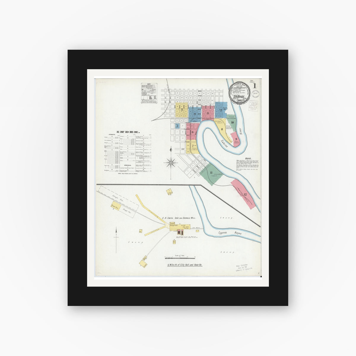 Old map wall art mockup — black gallery frame with white mat — Sanborn Fire Insurance Map from Orange, Orange County, Texas (1901) - Complete Map Set