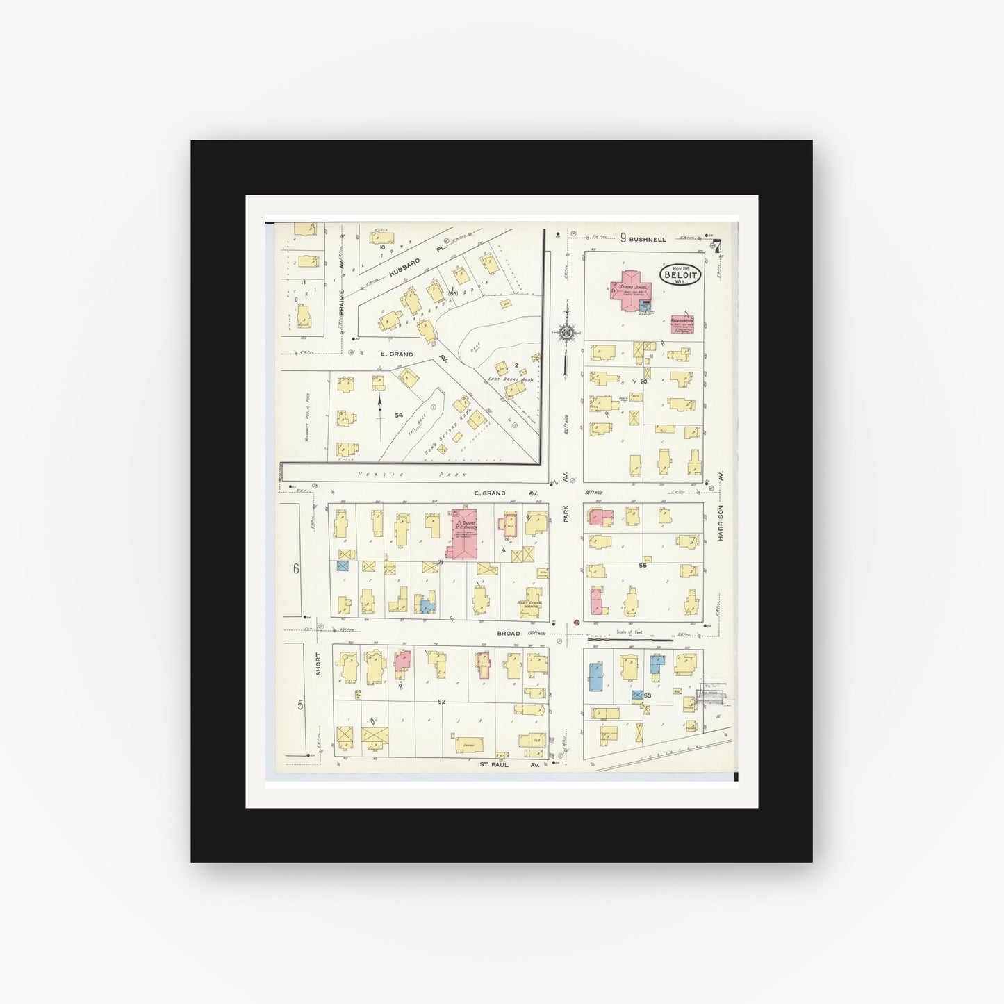 Old map wall art mockup — black gallery frame with white mat — Sanborn Fire Insurance Map from Beloit, Rock County, Wisconsin (1915), Sheet #0007