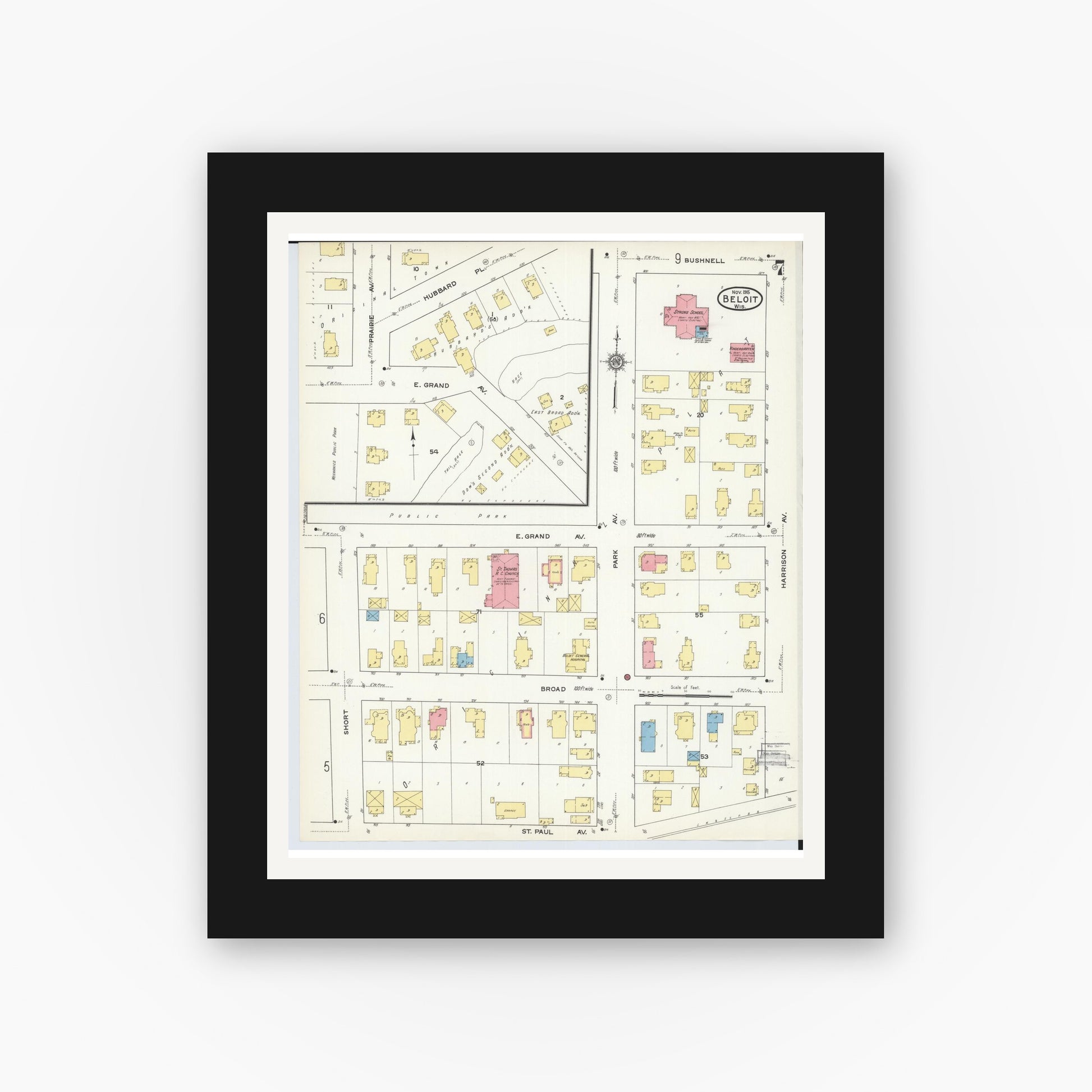 Old map wall art mockup — black gallery frame with white mat — Sanborn Fire Insurance Map from Beloit, Rock County, Wisconsin (1915), Sheet #0007