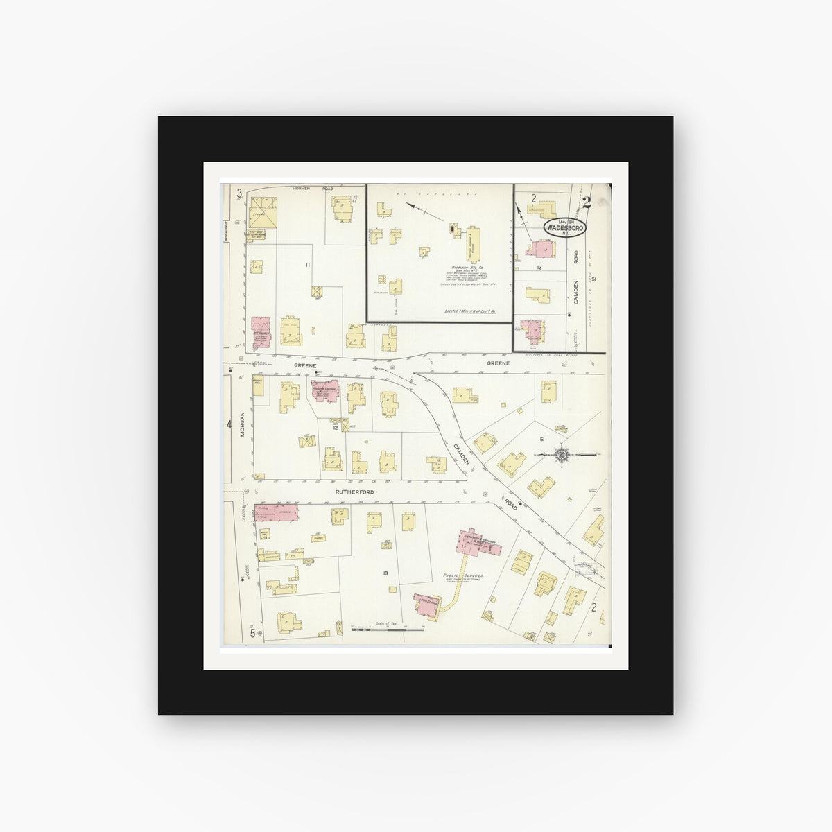 Old map wall art mockup — black gallery frame with white mat — Sanborn Fire Insurance Map from Wadesboro, Anson County, North Carolina (1914), Sheet #0002