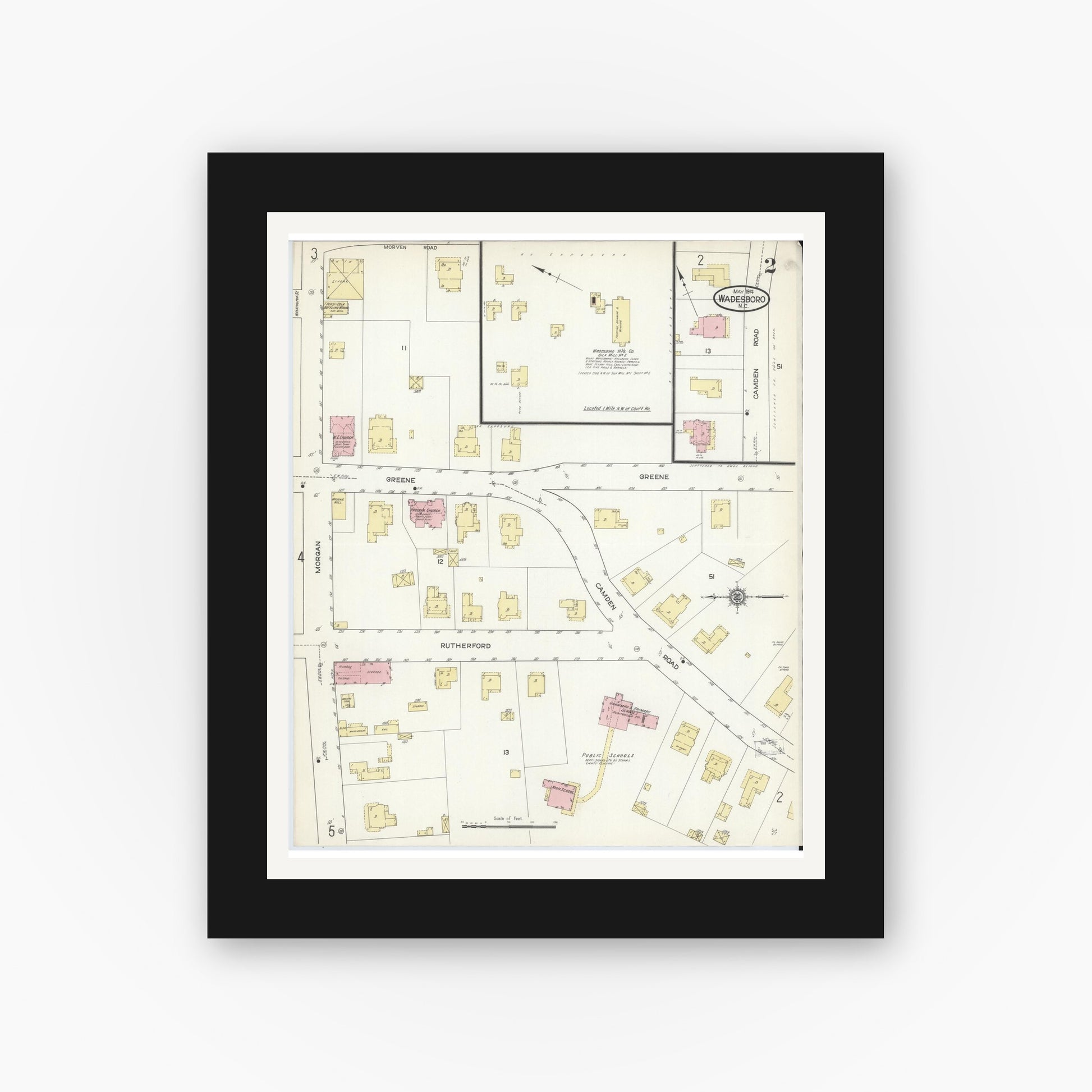 Old map wall art mockup — black gallery frame with white mat — Sanborn Fire Insurance Map from Wadesboro, Anson County, North Carolina (1914), Sheet #0002