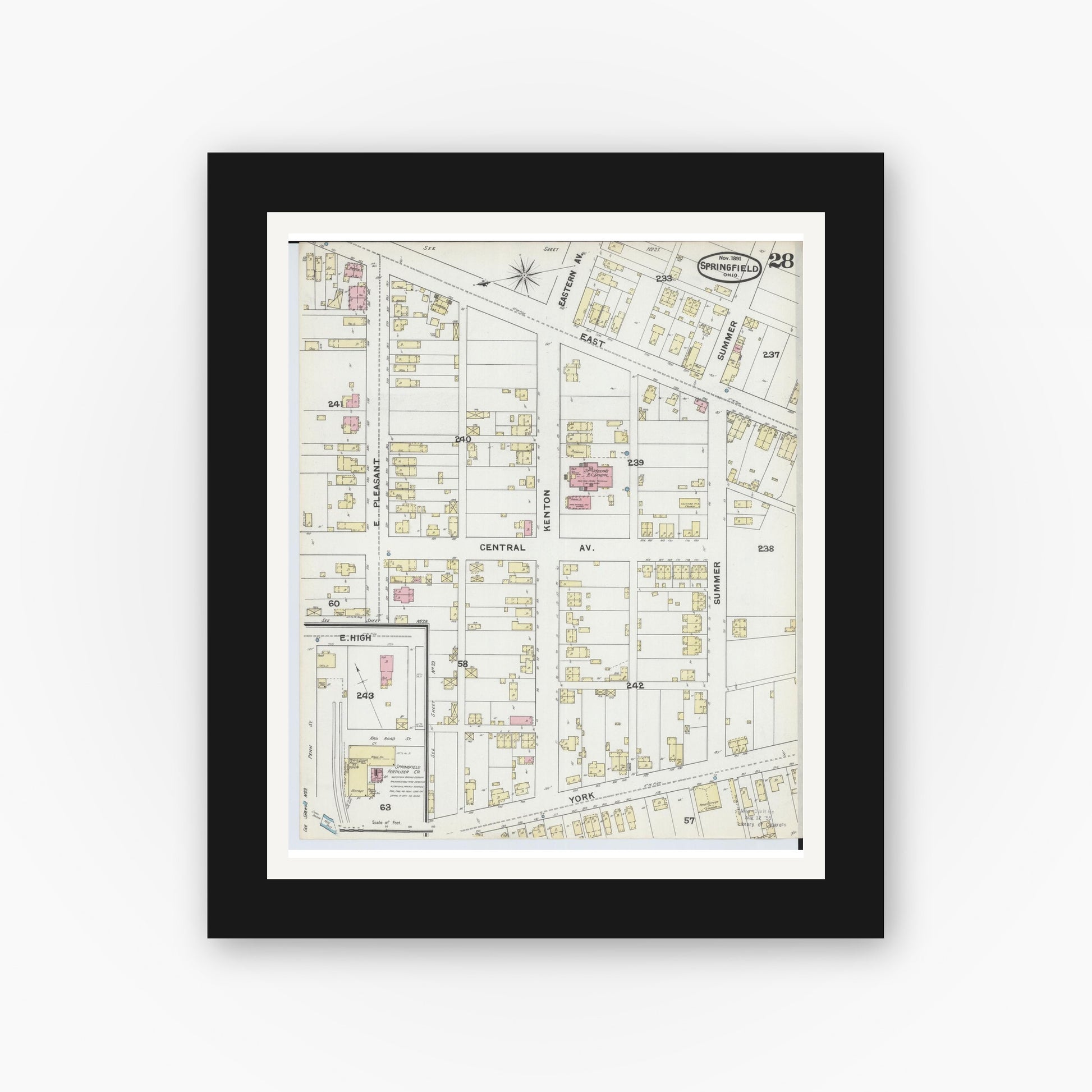 Old map wall art mockup — black gallery frame with white mat — Sanborn Fire Insurance Map from Springfield, Clark County, Ohio (1891), Sheet #0028