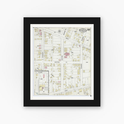 Old map wall art mockup — black gallery frame with white mat — Sanborn Fire Insurance Map from Springfield, Clark County, Ohio (1891), Sheet #0028