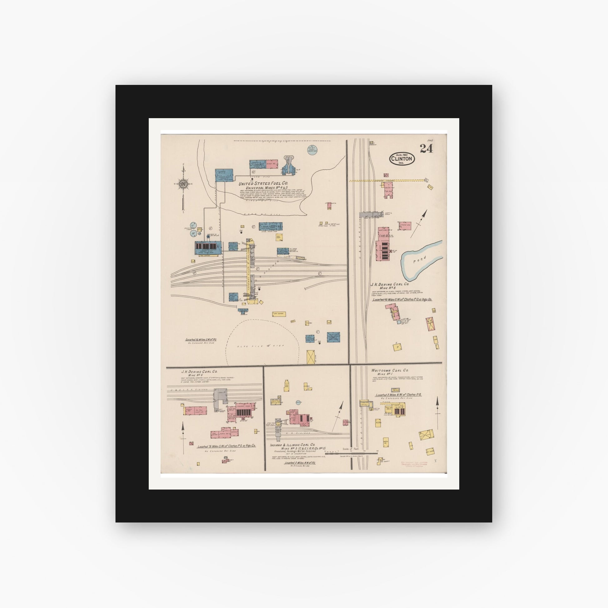 Old map wall art mockup — black gallery frame with white mat — Sanborn Fire Insurance Map from Clinton, Vermillion County, Indiana (1921), Sheet #0024