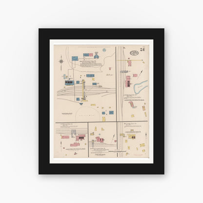 Old map wall art mockup — black gallery frame with white mat — Sanborn Fire Insurance Map from Clinton, Vermillion County, Indiana (1921), Sheet #0024