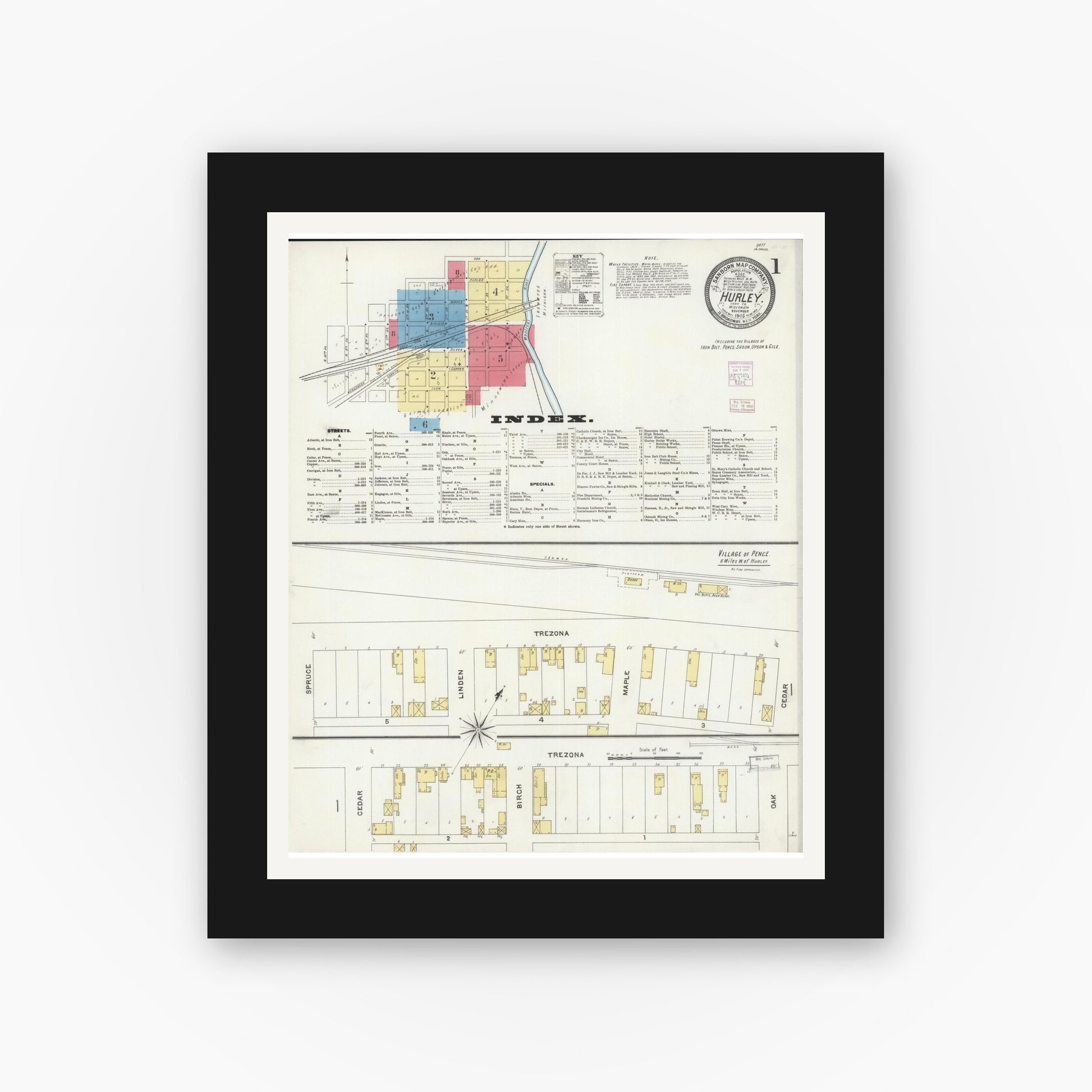 Old map wall art mockup — black gallery frame with white mat — Sanborn Fire Insurance Map from Hurley, Iron County, Wisconsin (1905), Sheet #0001