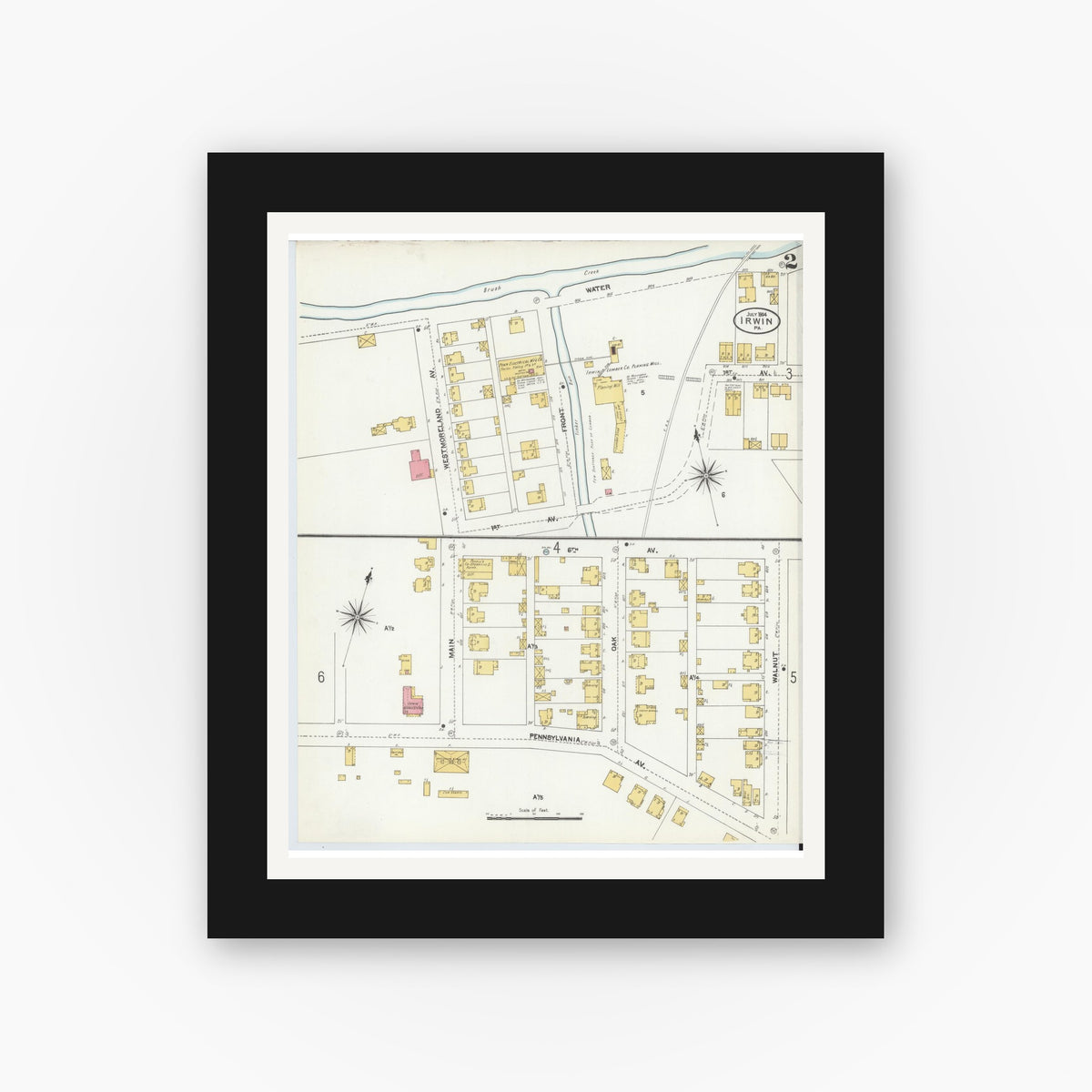 Old map wall art mockup — black gallery frame with white mat — Sanborn Fire Insurance Map from Irwin, Westmoreland County, Pennsylvania (1904), Sheet #0002
