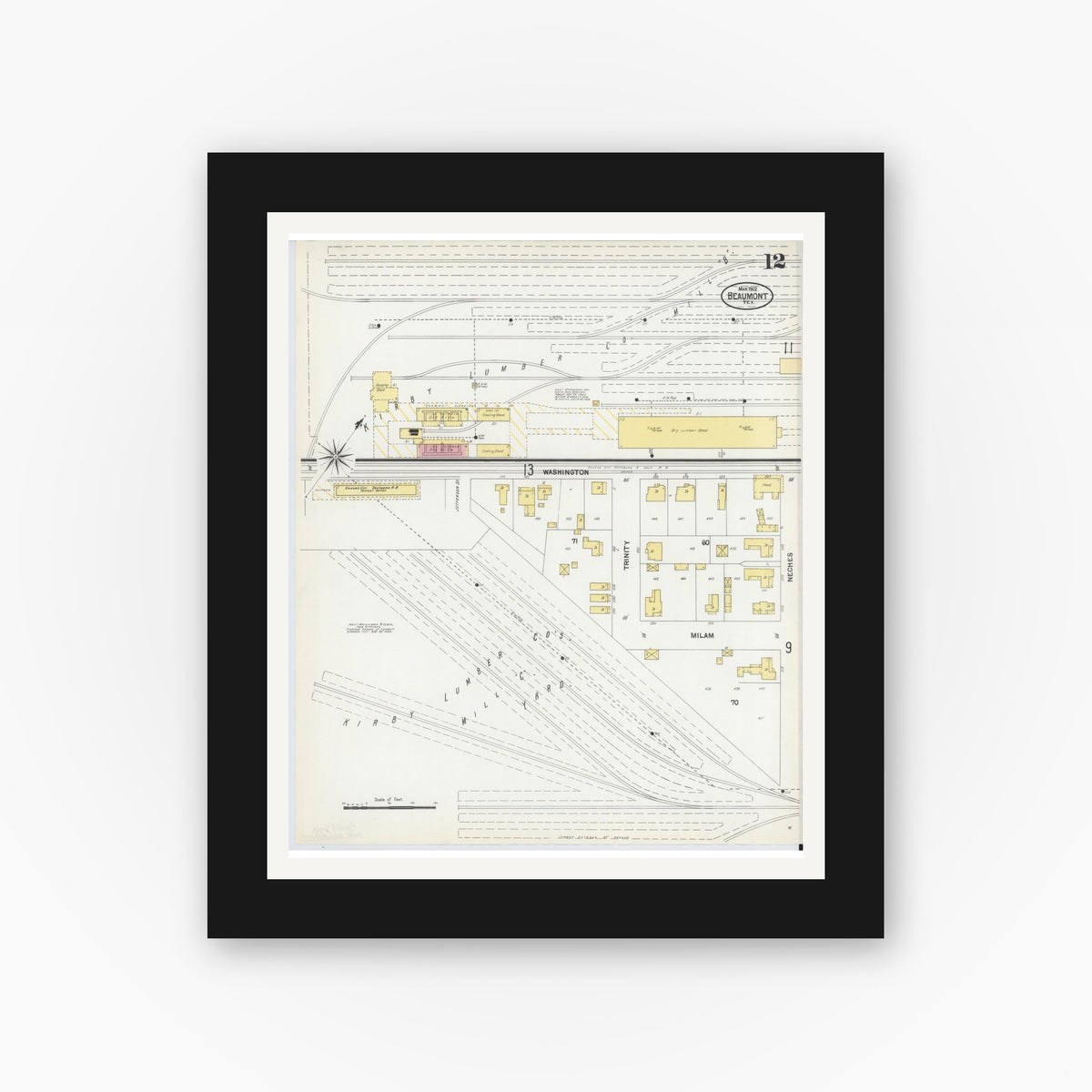 Old map wall art mockup — black gallery frame with white mat — Sanborn Fire Insurance Map from Beaumont, Jefferson County, Texas (1902), Sheet #0012