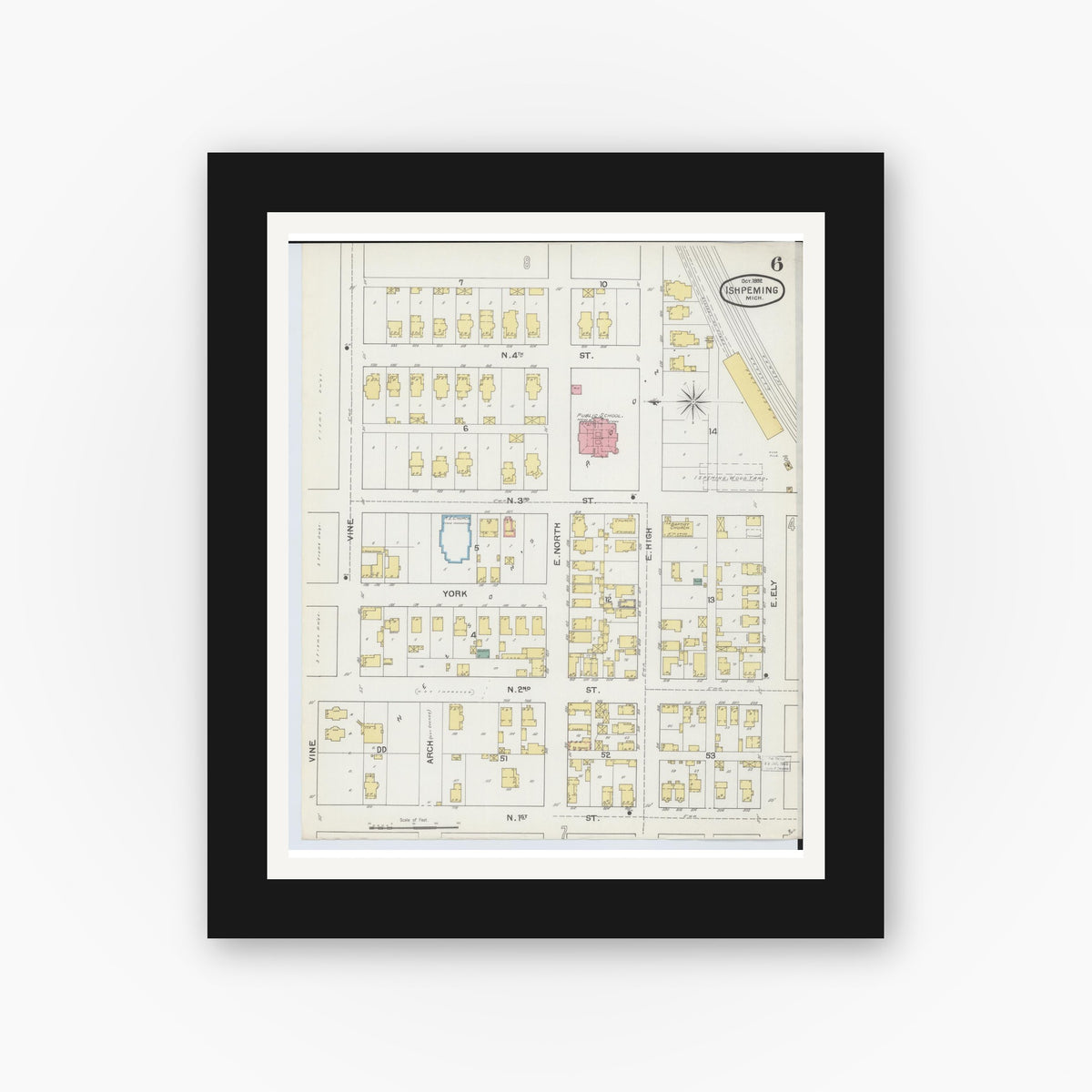 Old map wall art mockup — black gallery frame with white mat — Sanborn Fire Insurance Map from Ishpeming, Marquette County, Michigan (1892), Sheet #0006