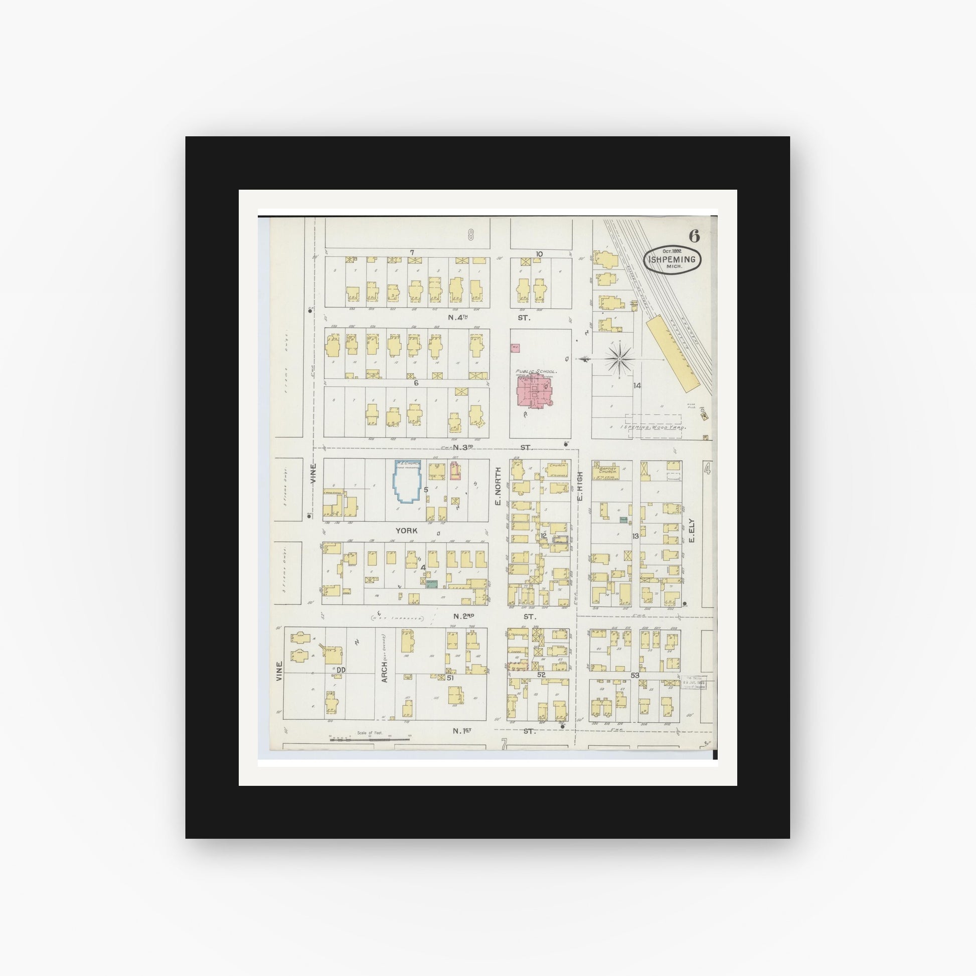 Old map wall art mockup — black gallery frame with white mat — Sanborn Fire Insurance Map from Ishpeming, Marquette County, Michigan (1892), Sheet #0006