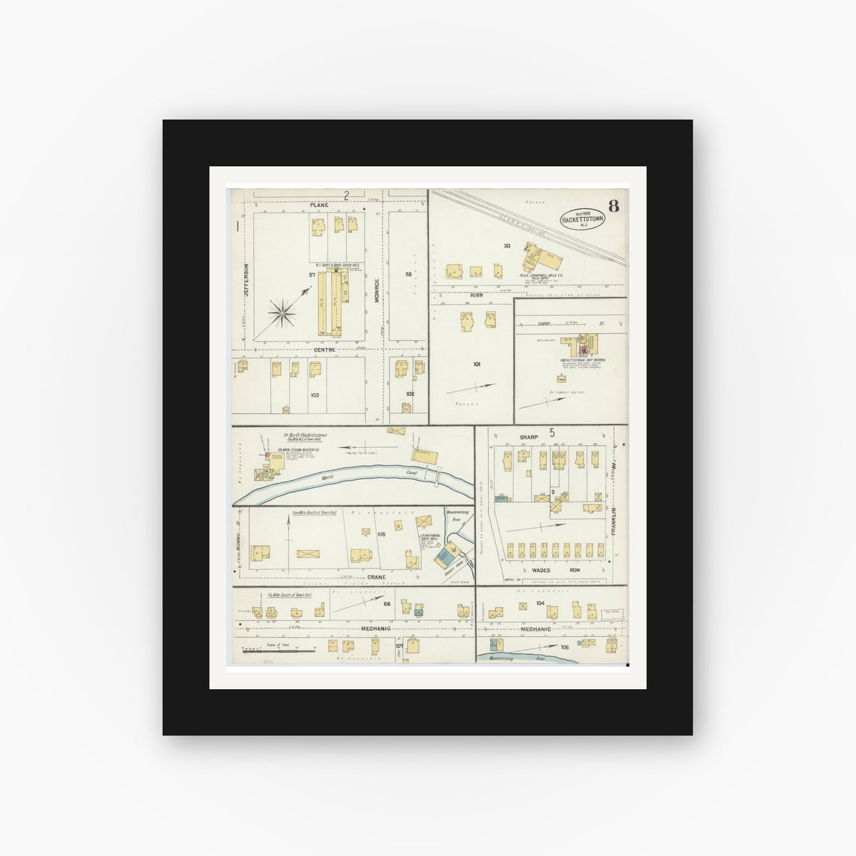 Old map wall art mockup — black gallery frame with white mat — Sanborn Fire Insurance Map from Hackettstown, Warren County, New Jersey (1902), Sheet #0008