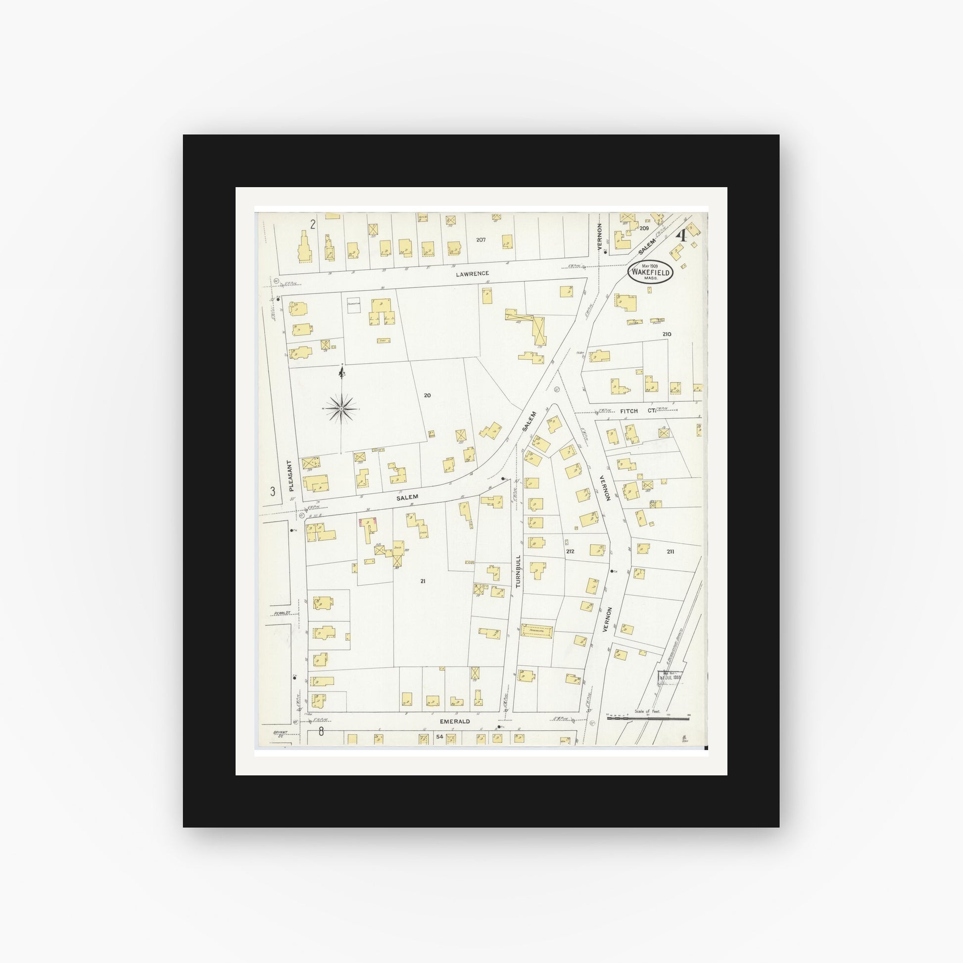 Old map wall art mockup — black gallery frame with white mat — Sanborn Fire Insurance Map from Wakefield, Middlesex County, Massachusetts (1909), Sheet #0004