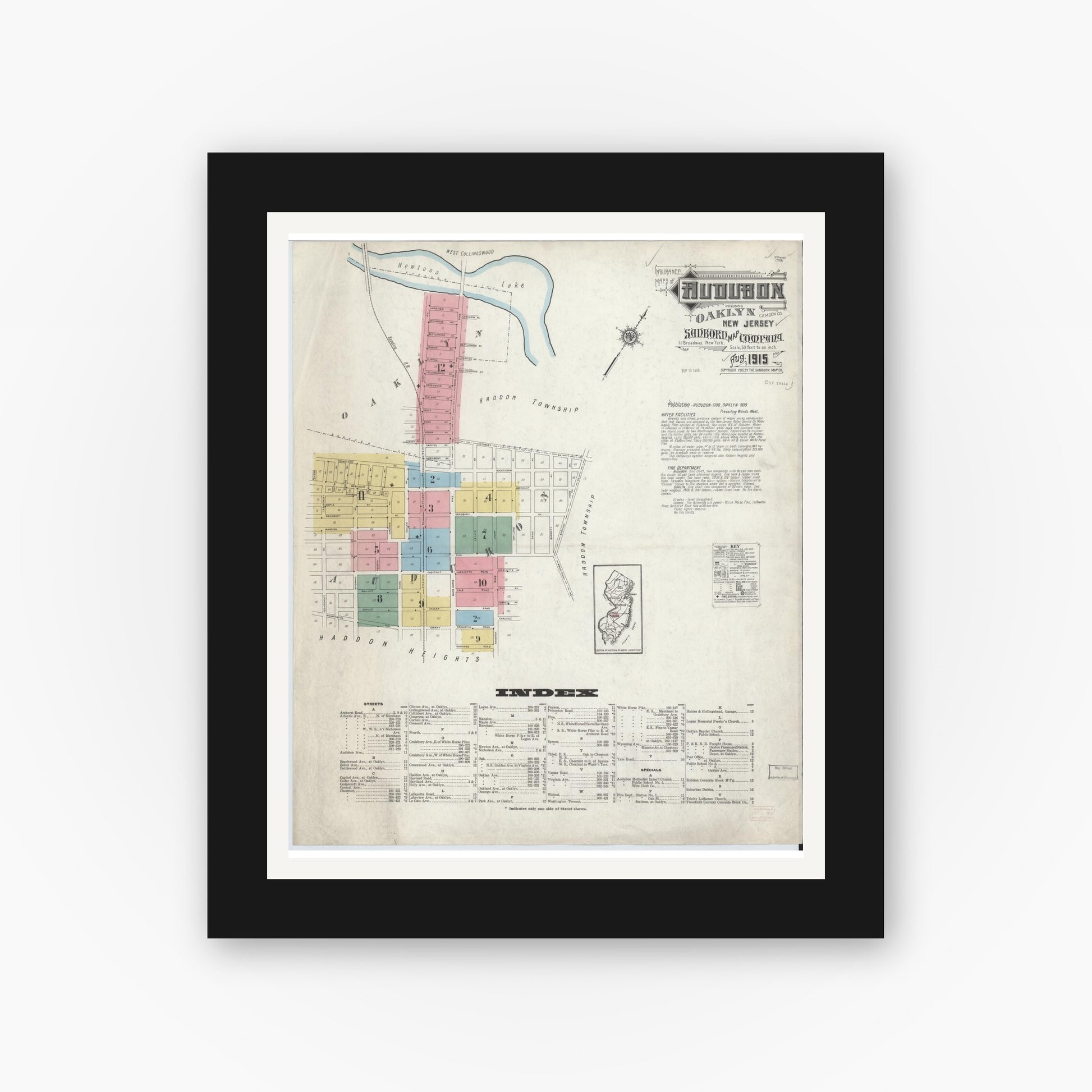 Old map wall art mockup — black gallery frame with white mat — Sanborn Fire Insurance Map from Audubon, Camden County, New Jersey (1915) - Complete Map Set