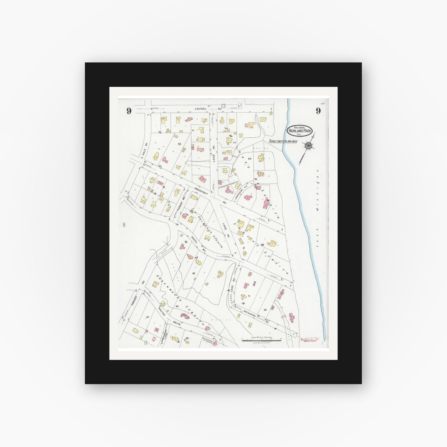 Old map wall art mockup — black gallery frame with white mat — Sanborn Fire Insurance Map from Highland Park, Lake County, Illinois (1924), Sheet #0009