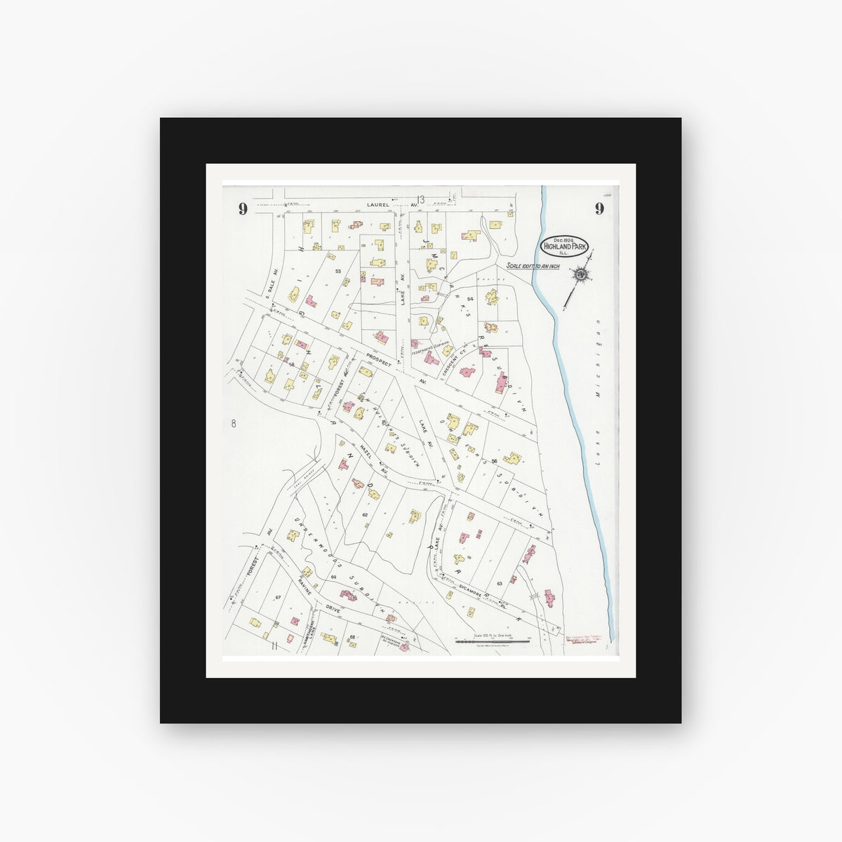 Old map wall art mockup — black gallery frame with white mat — Sanborn Fire Insurance Map from Highland Park, Lake County, Illinois (1924), Sheet #0009