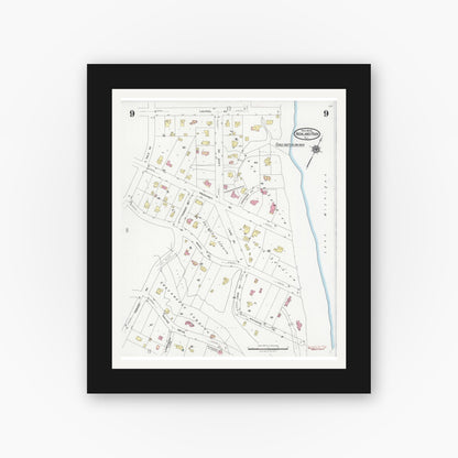 Old map wall art mockup — black gallery frame with white mat — Sanborn Fire Insurance Map from Highland Park, Lake County, Illinois (1924), Sheet #0009