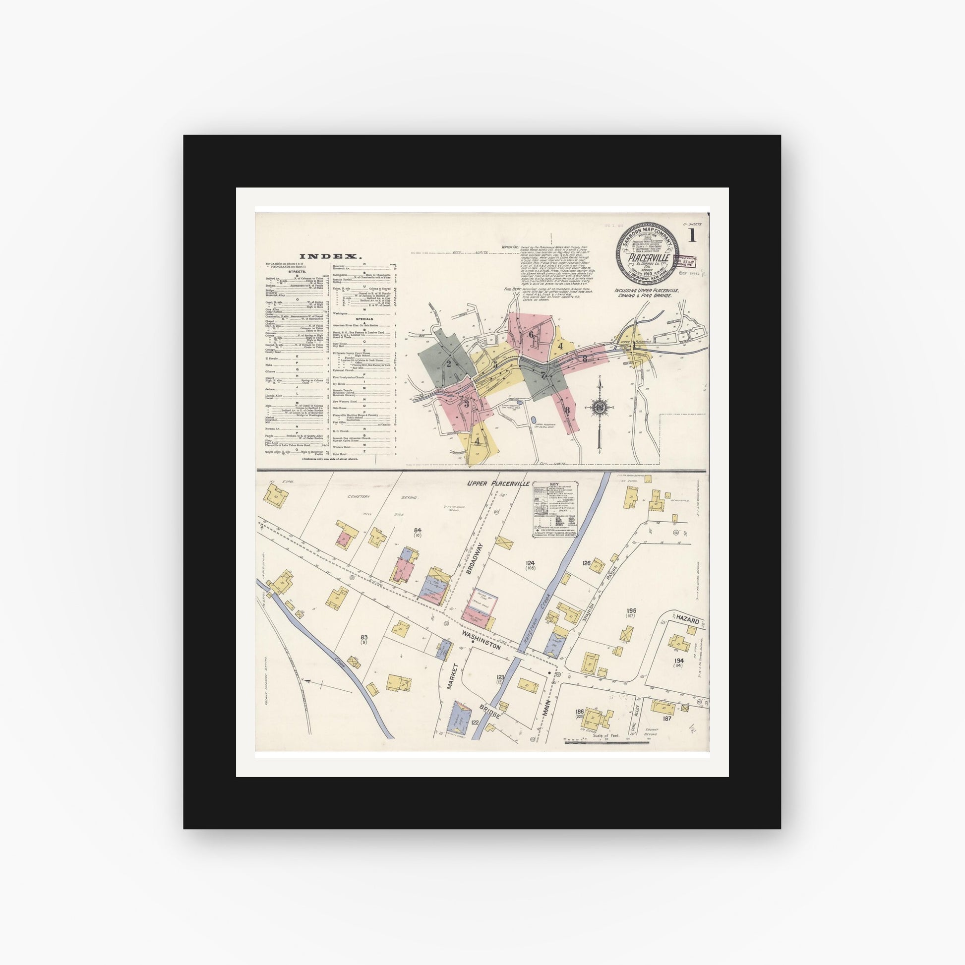 Old map wall art mockup — black gallery frame with white mat — Sanborn Fire Insurance Map from Placerville, El Dorado County, California (1910) - Complete Map Set