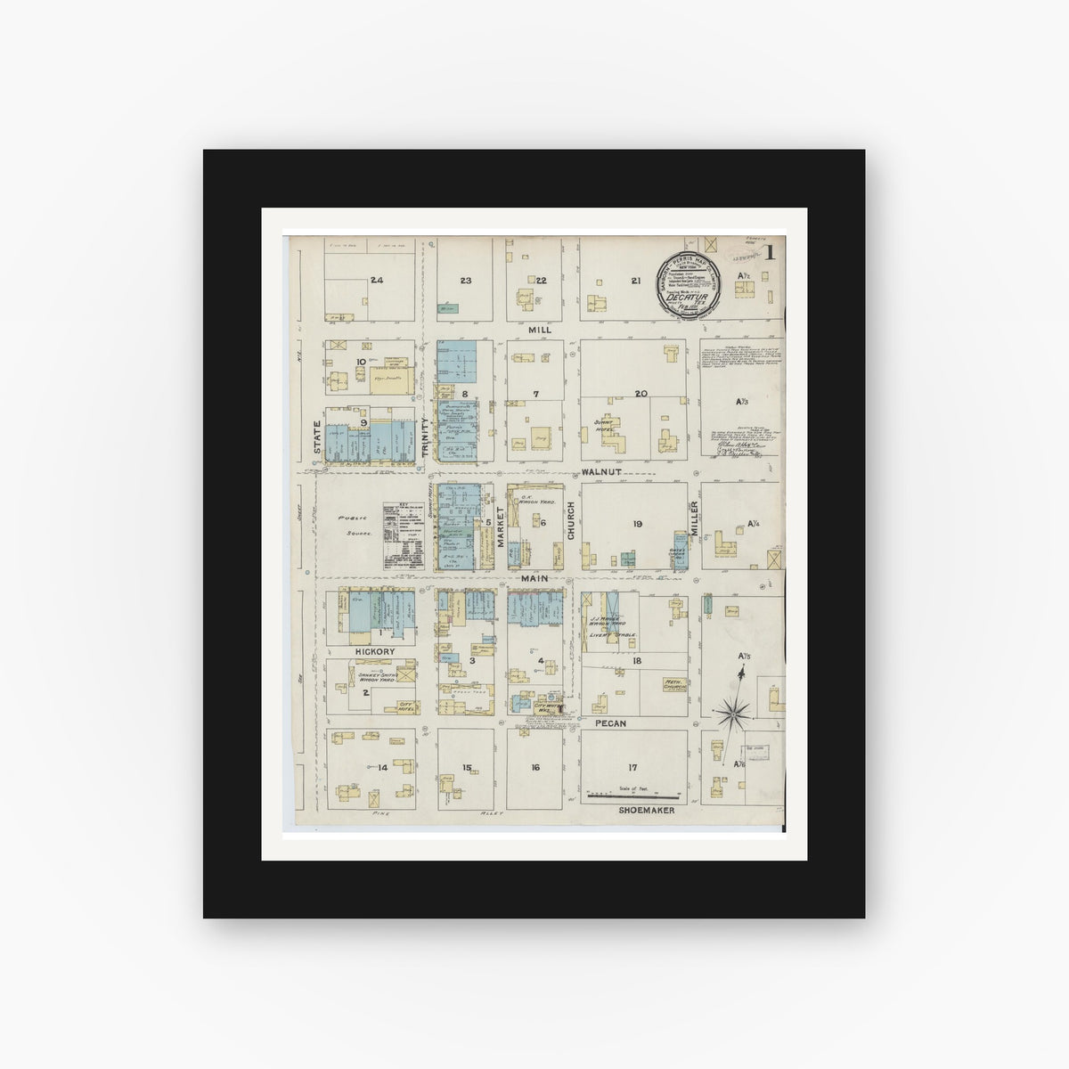 Old map wall art mockup — black gallery frame with white mat — Sanborn Fire Insurance Map from Decatur, Wise County, Texas (1891), Sheet #0001