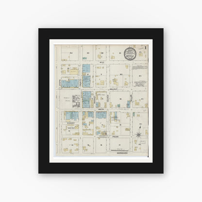 Old map wall art mockup — black gallery frame with white mat — Sanborn Fire Insurance Map from Decatur, Wise County, Texas (1891), Sheet #0001