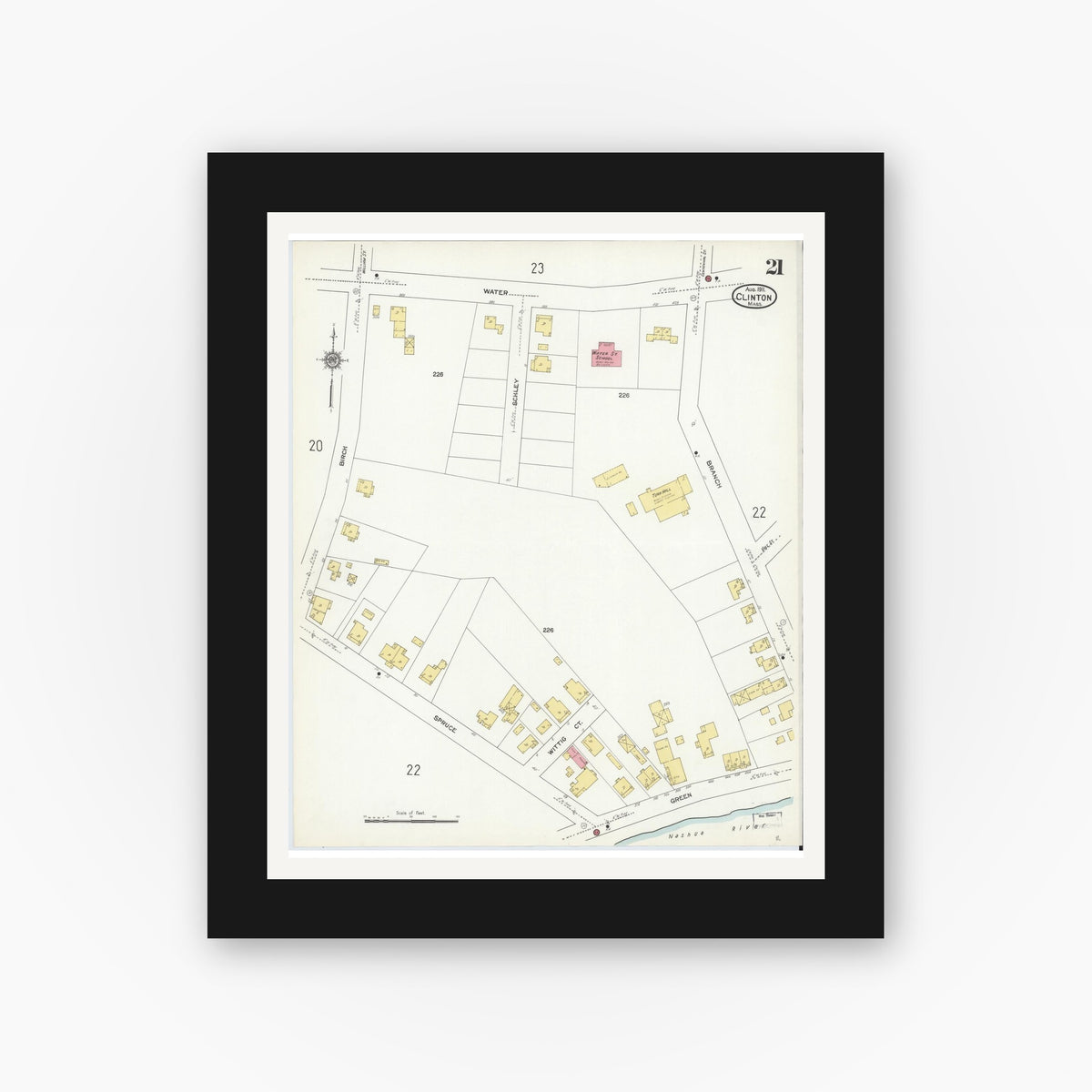 Old map wall art mockup — black gallery frame with white mat — Sanborn Fire Insurance Map from Clinton, Worcester County, Massachusetts (1911), Sheet #0021