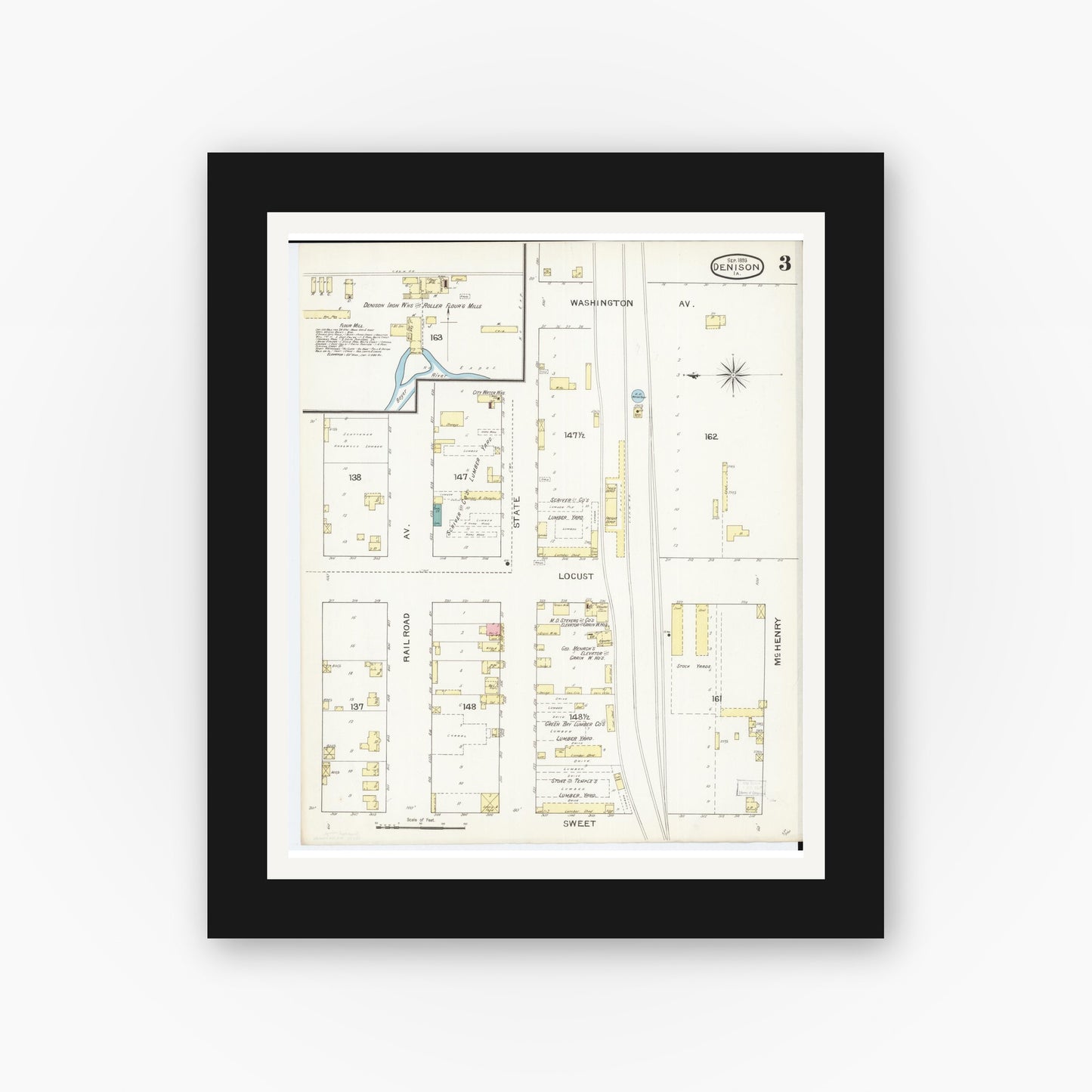 Old map wall art mockup — black gallery frame with white mat — Sanborn Fire Insurance Map from Denison, Crawford County, Iowa (1893), Sheet #0003