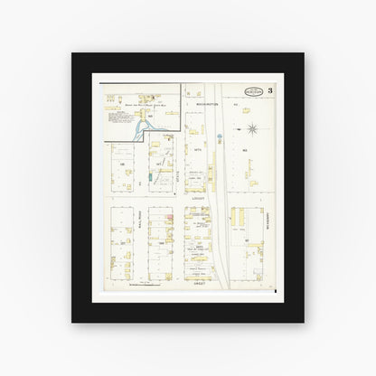 Old map wall art mockup — black gallery frame with white mat — Sanborn Fire Insurance Map from Denison, Crawford County, Iowa (1893), Sheet #0003