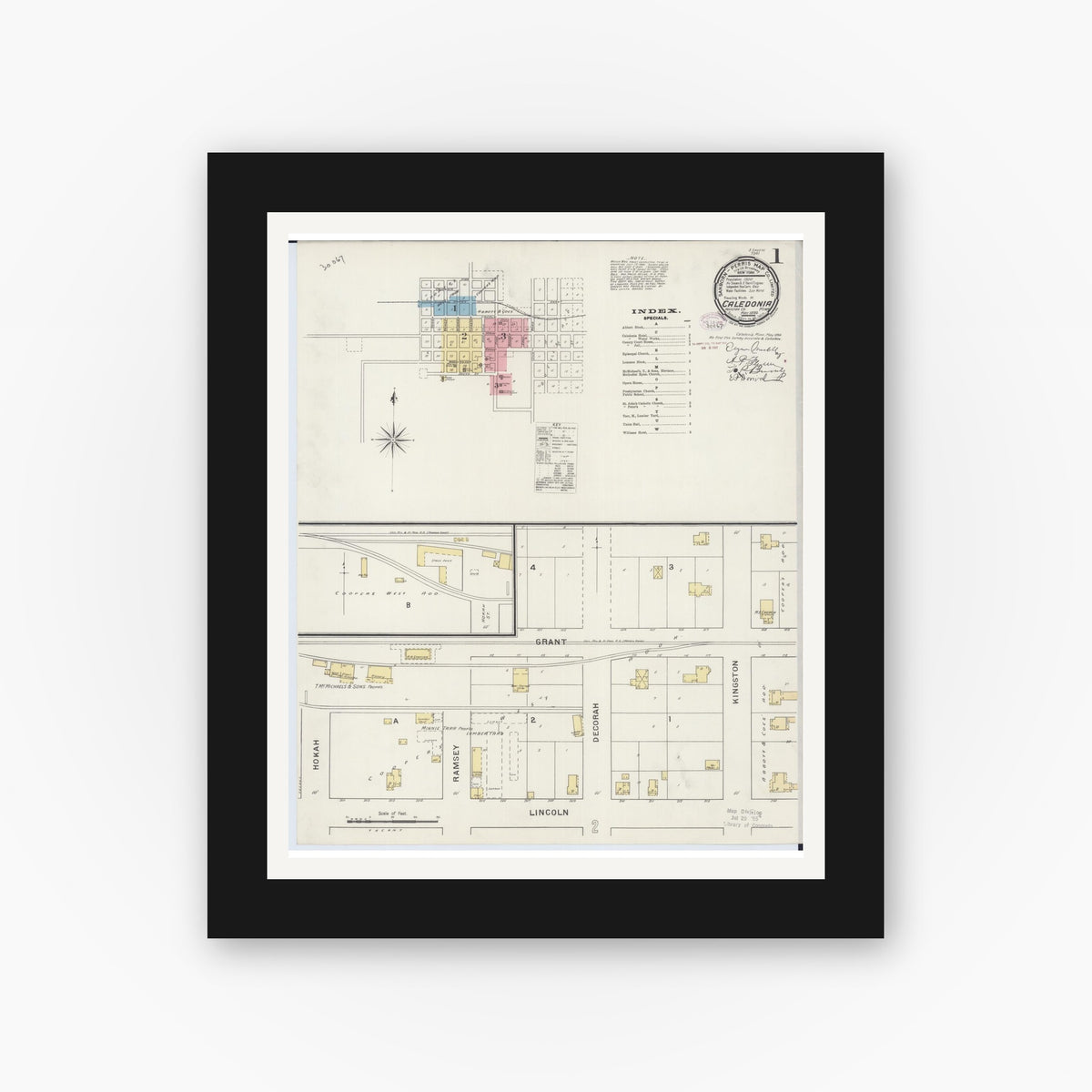 Old map wall art mockup — black gallery frame with white mat — Sanborn Fire Insurance Map from Caledonia, Houston County, Minnesota (1894) - Complete Map Set