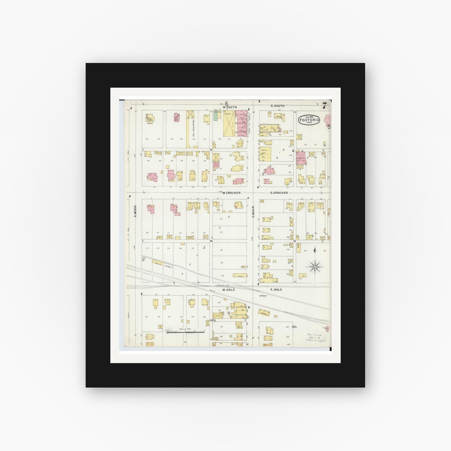 Old map wall art mockup — black gallery frame with white mat — Sanborn Fire Insurance Map from Fostoria, Seneca, Hancock, And Wood Counties, Ohio (1896), Sheet #0007