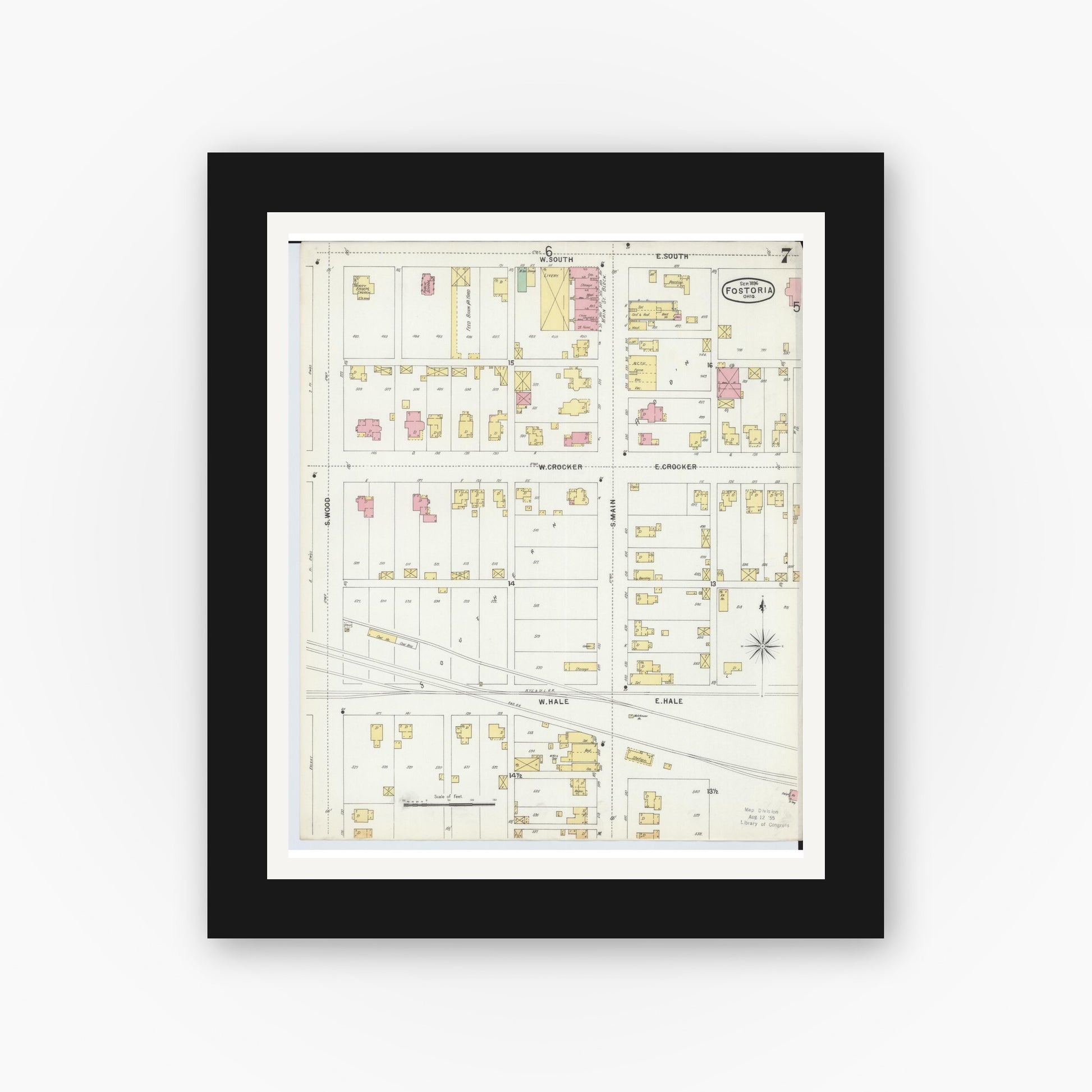 Old map wall art mockup — black gallery frame with white mat — Sanborn Fire Insurance Map from Fostoria, Seneca, Hancock, And Wood Counties, Ohio (1896), Sheet #0007