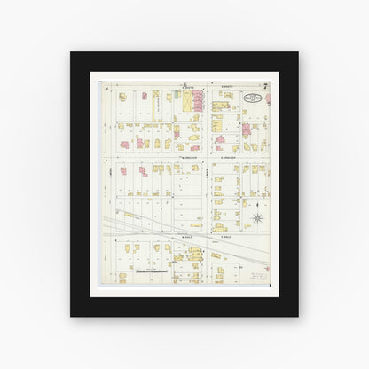 Old map wall art mockup — black gallery frame with white mat — Sanborn Fire Insurance Map from Fostoria, Seneca, Hancock, And Wood Counties, Ohio (1896), Sheet #0007