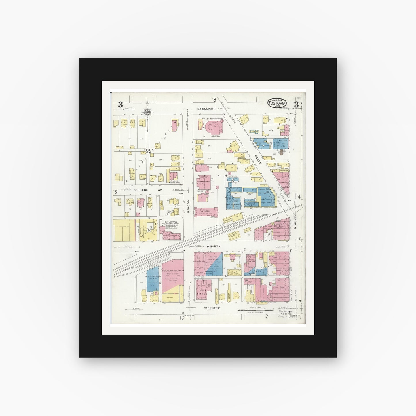 Old map wall art mockup — black gallery frame with white mat — Sanborn Fire Insurance Map from Fostoria, Seneca, Hancock, And Wood Counties, Ohio (1924), Sheet #0003
