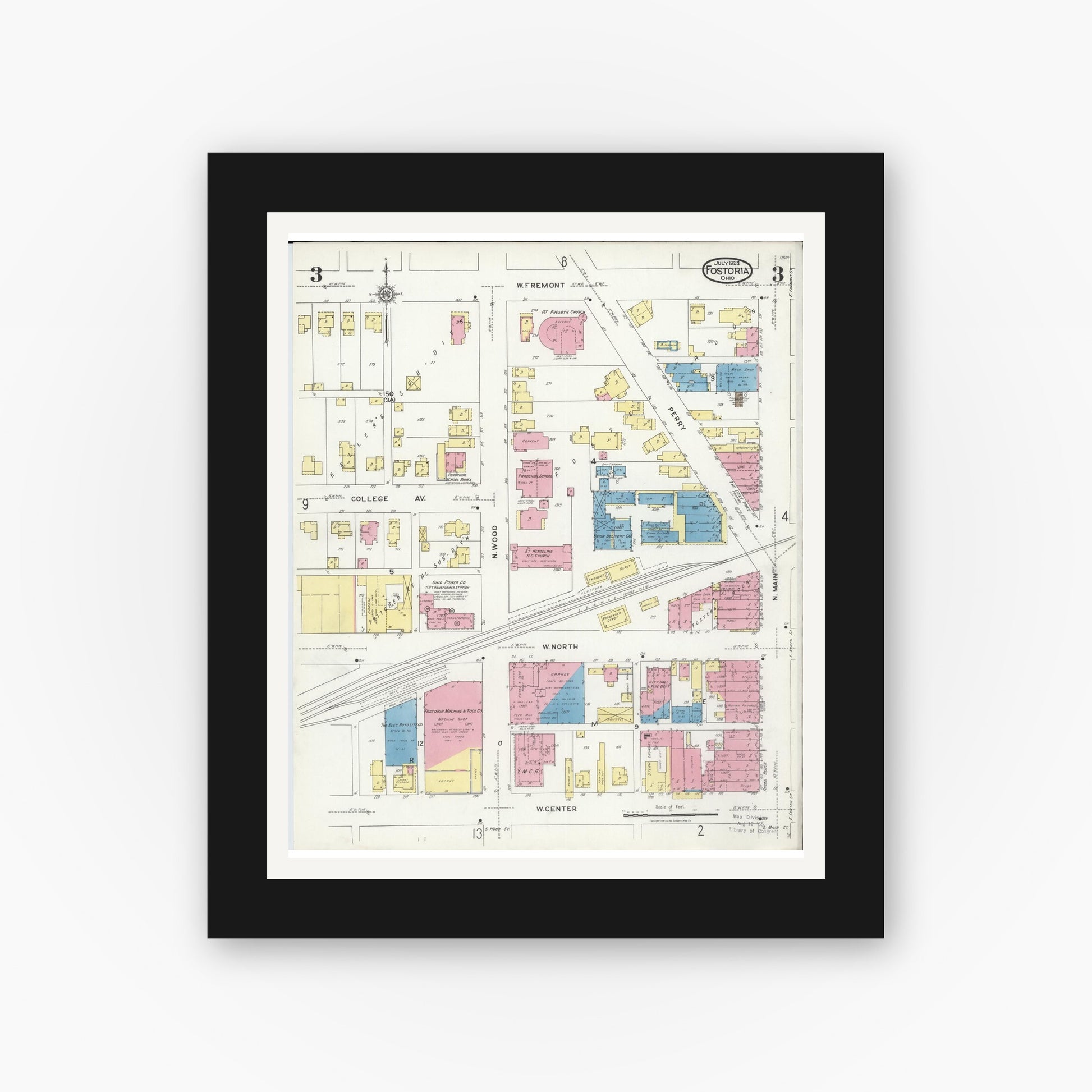 Old map wall art mockup — black gallery frame with white mat — Sanborn Fire Insurance Map from Fostoria, Seneca, Hancock, And Wood Counties, Ohio (1924), Sheet #0003