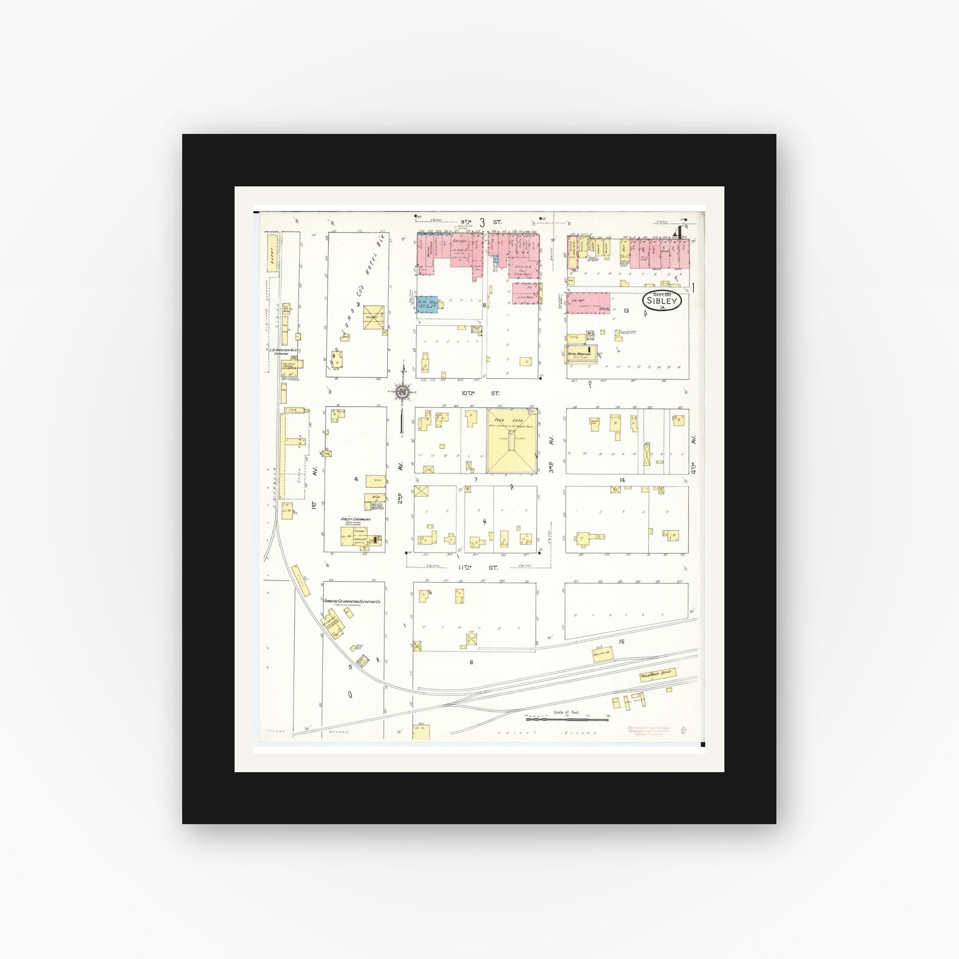 Old map wall art mockup — black gallery frame with white mat — Sanborn Fire Insurance Map from Sibley, Osceola County, Iowa (1913), Sheet #0004
