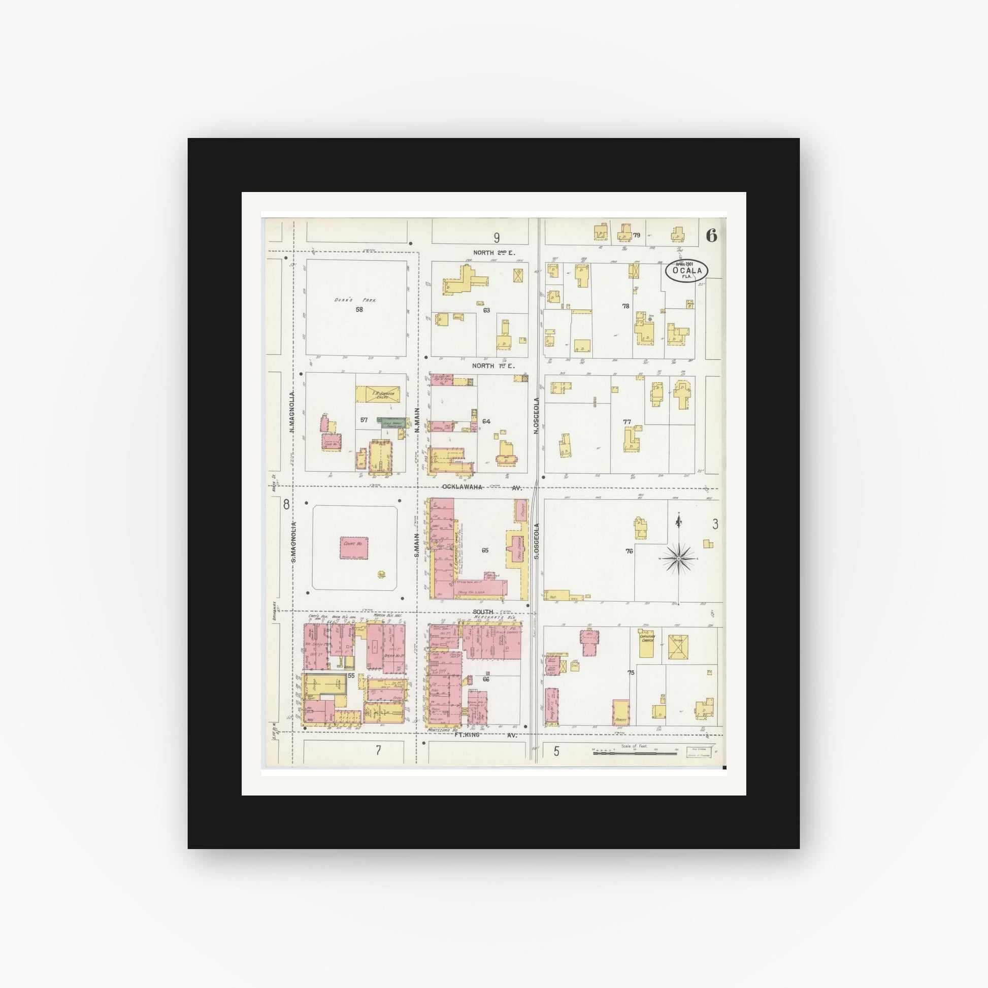 Old map wall art mockup — black gallery frame with white mat — Sanborn Fire Insurance Map from Ocala, Marion County, Florida (1901), Sheet #0006