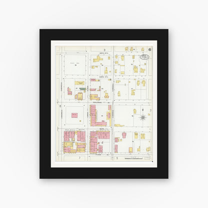 Old map wall art mockup — black gallery frame with white mat — Sanborn Fire Insurance Map from Ocala, Marion County, Florida (1901), Sheet #0006