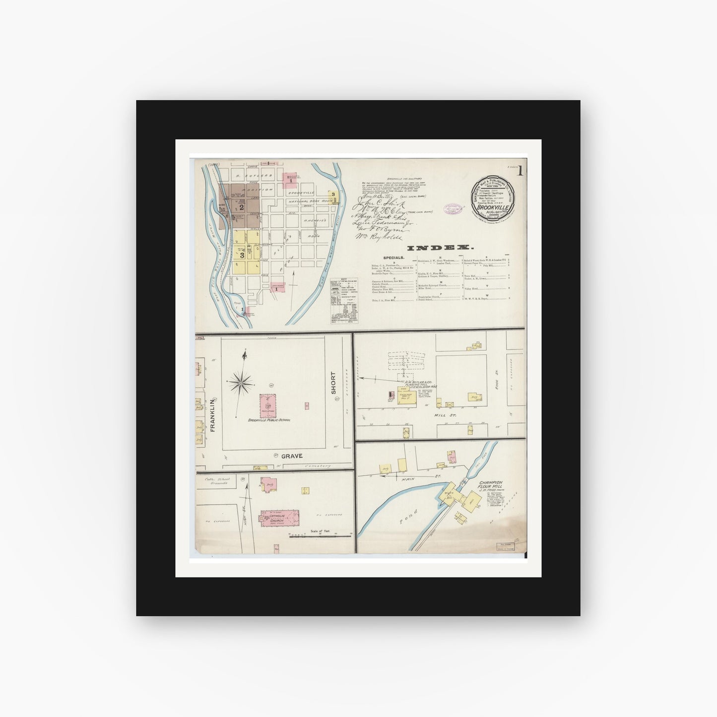 Old map wall art mockup — black gallery frame with white mat — Sanborn Fire Insurance Map from Brookville, Franklin County, Indiana (1887) - Complete Map Set