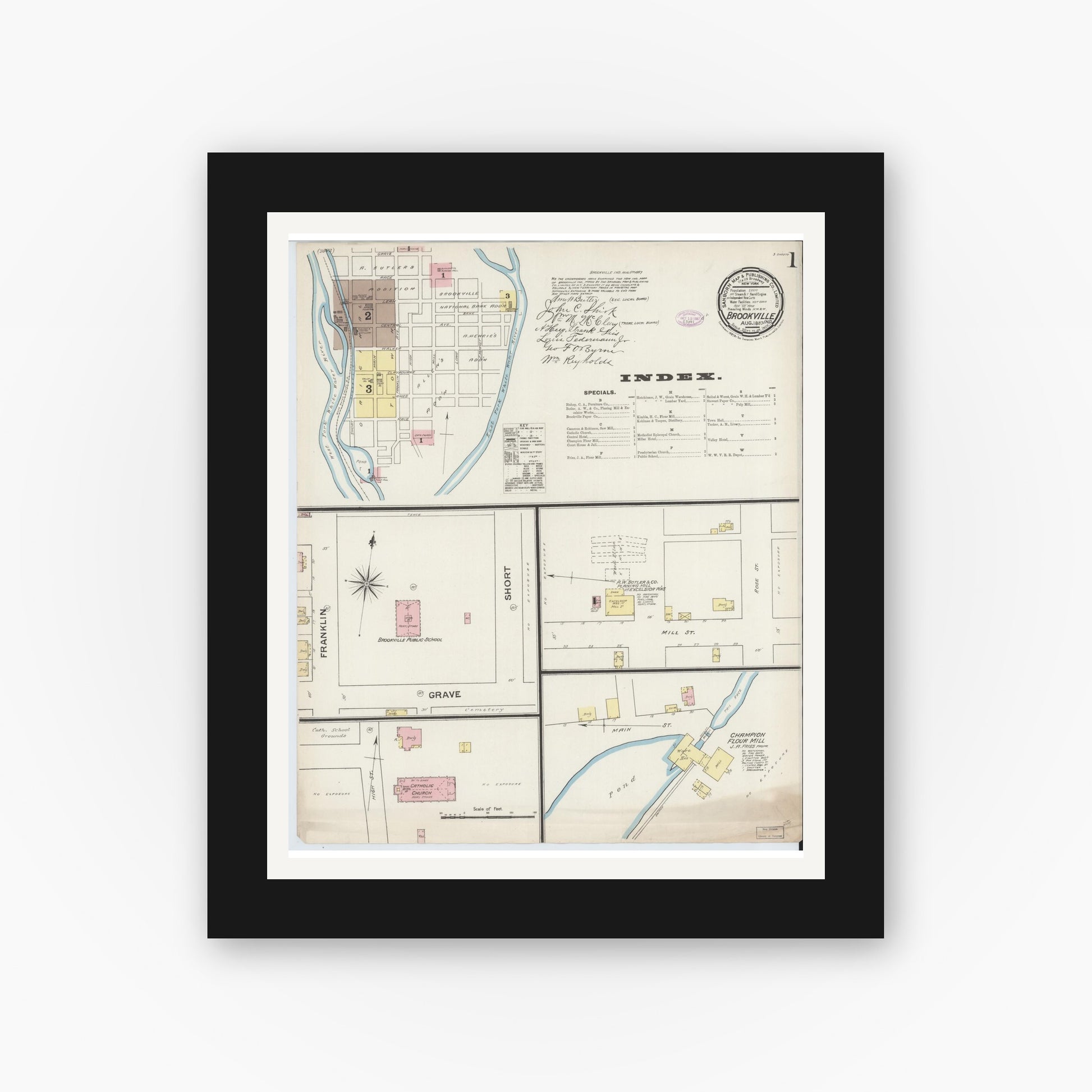 Old map wall art mockup — black gallery frame with white mat — Sanborn Fire Insurance Map from Brookville, Franklin County, Indiana (1887) - Complete Map Set