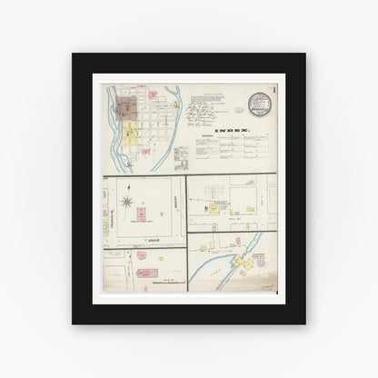 Old map wall art mockup — black gallery frame with white mat — Sanborn Fire Insurance Map from Brookville, Franklin County, Indiana (1887) - Complete Map Set