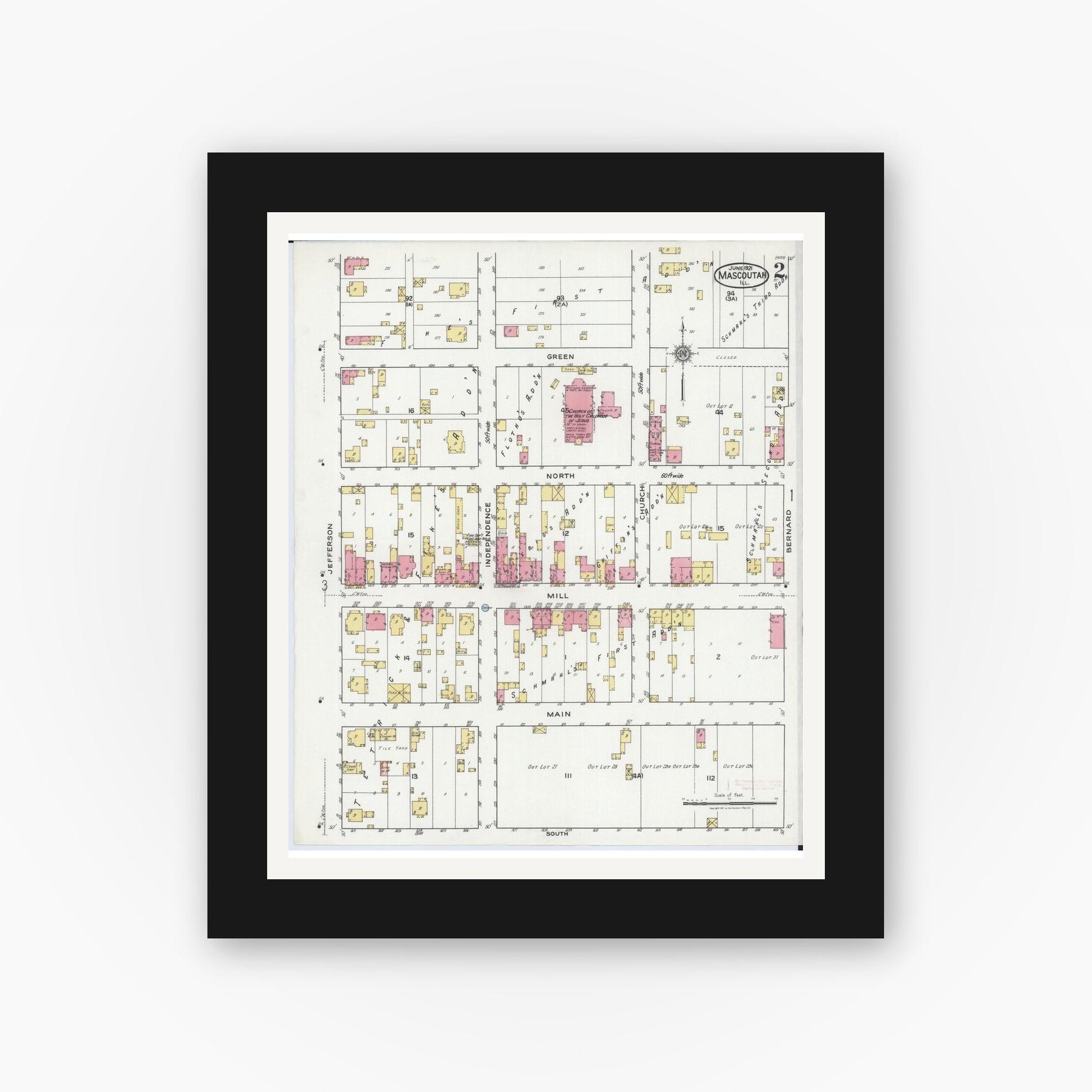 Old map wall art mockup — black gallery frame with white mat — Sanborn Fire Insurance Map from Mascoutah, Saint Clair County, Illinois (1921), Sheet #0002