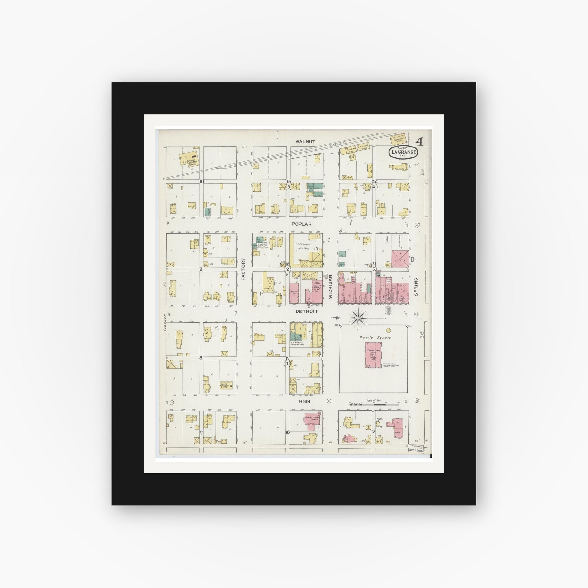 Old map wall art mockup — black gallery frame with white mat — Sanborn Fire Insurance Map from Lagrange, LaGrange County, Indiana (1892), Sheet #0004