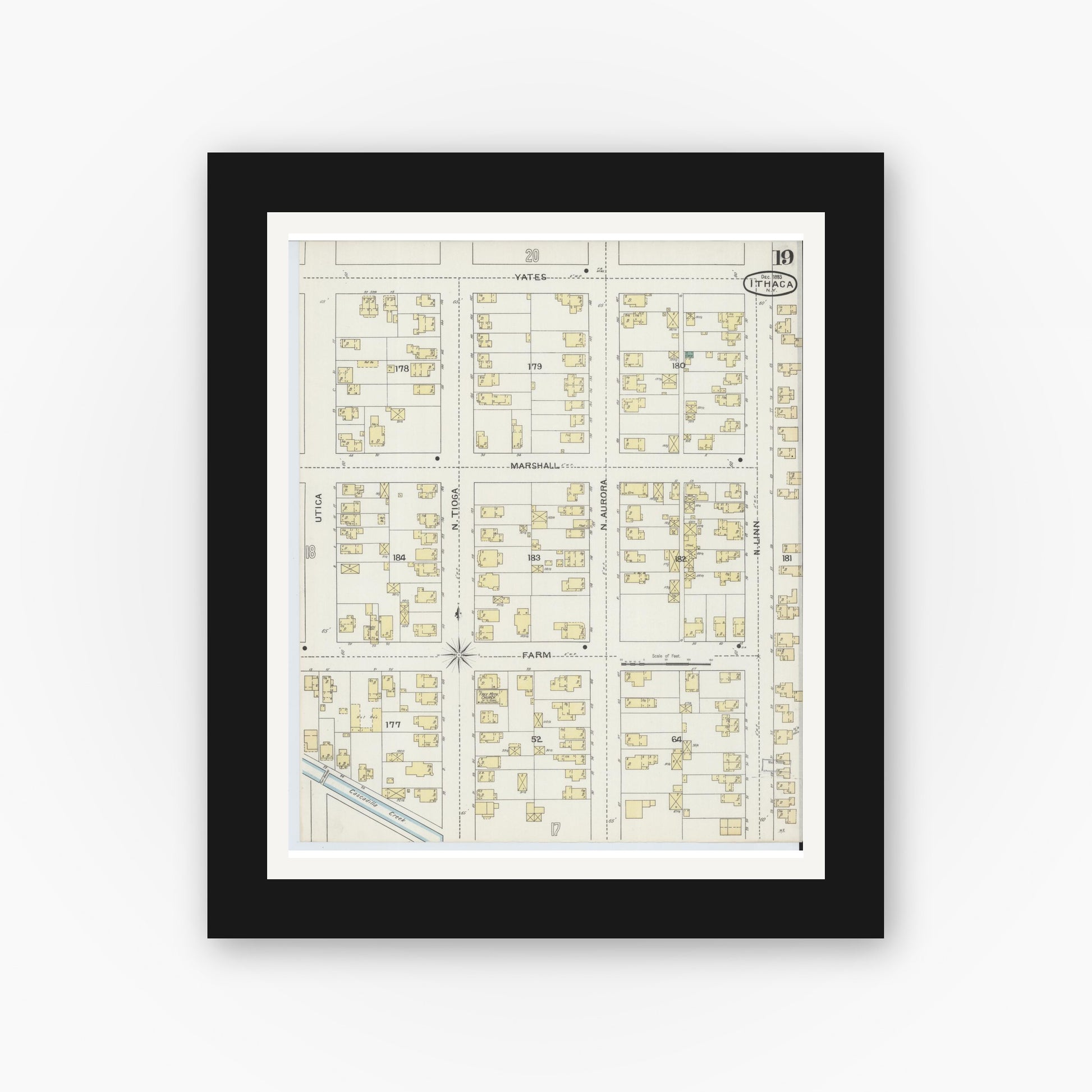 Old map wall art mockup — black gallery frame with white mat — Sanborn Fire Insurance Map from Ithaca, Tompkins County, New York (1893), Sheet #0019