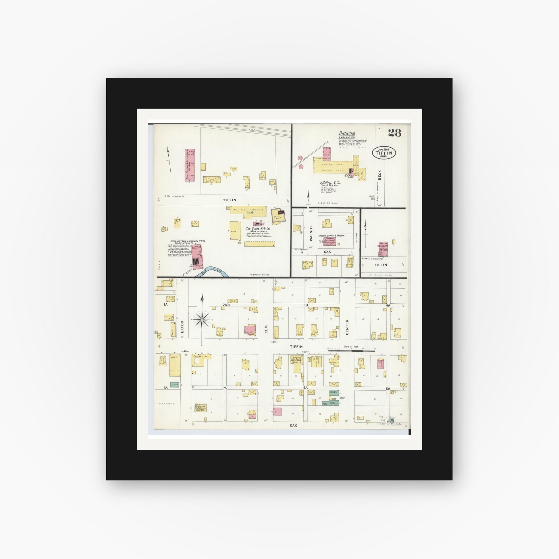 Old map wall art mockup — black gallery frame with white mat — Sanborn Fire Insurance Map from Tiffin, Seneca County, Ohio (1908), Sheet #0028