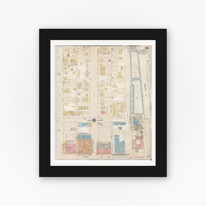 Old map wall art mockup — black gallery frame with white mat — Sanborn Fire Insurance Map from Calexico, Imperial County, California (1949), Sheet #0016