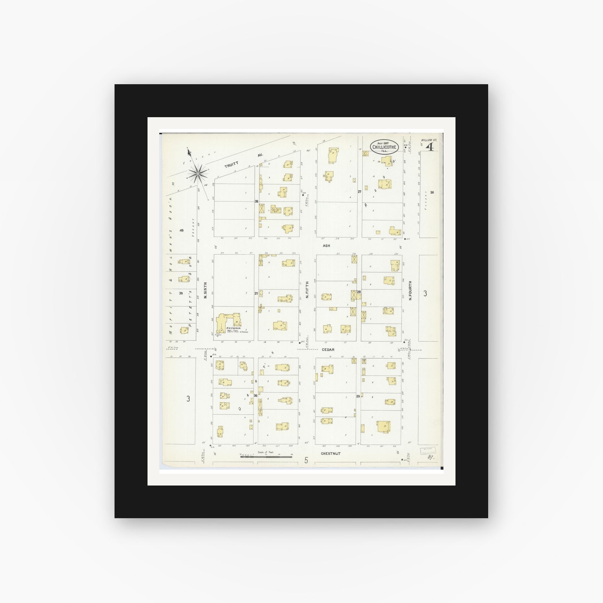 Old map wall art mockup — black gallery frame with white mat — Sanborn Fire Insurance Map from Chillicothe, Peoria County, Illinois (1907), Sheet #0004