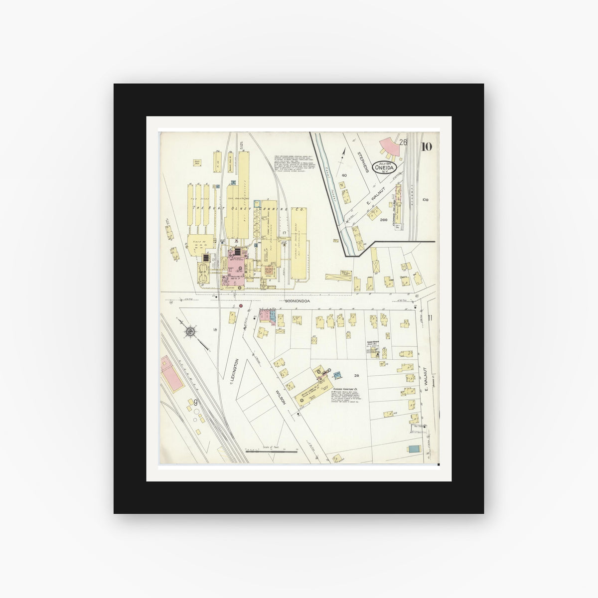 Old map wall art mockup — black gallery frame with white mat — Sanborn Fire Insurance Map from Oneida, Madison County, New York (1914), Sheet #0010