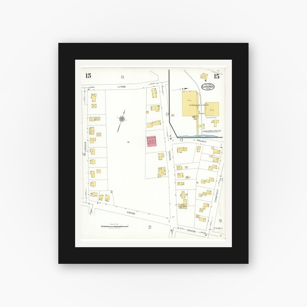 Old map wall art mockup — black gallery frame with white mat — Sanborn Fire Insurance Map from Gardner, Worcester County, Massachusetts (1923), Sheet #0015