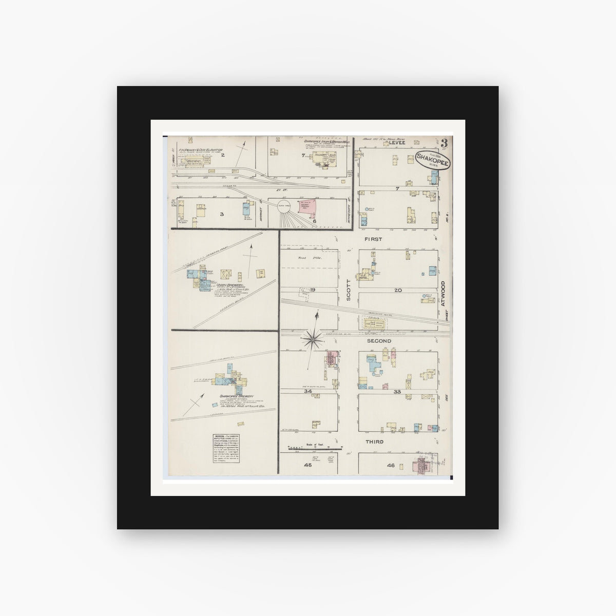Old map wall art mockup — black gallery frame with white mat — Sanborn Fire Insurance Map from Shakopee, Scott County, Minnesota (1884), Sheet #0003