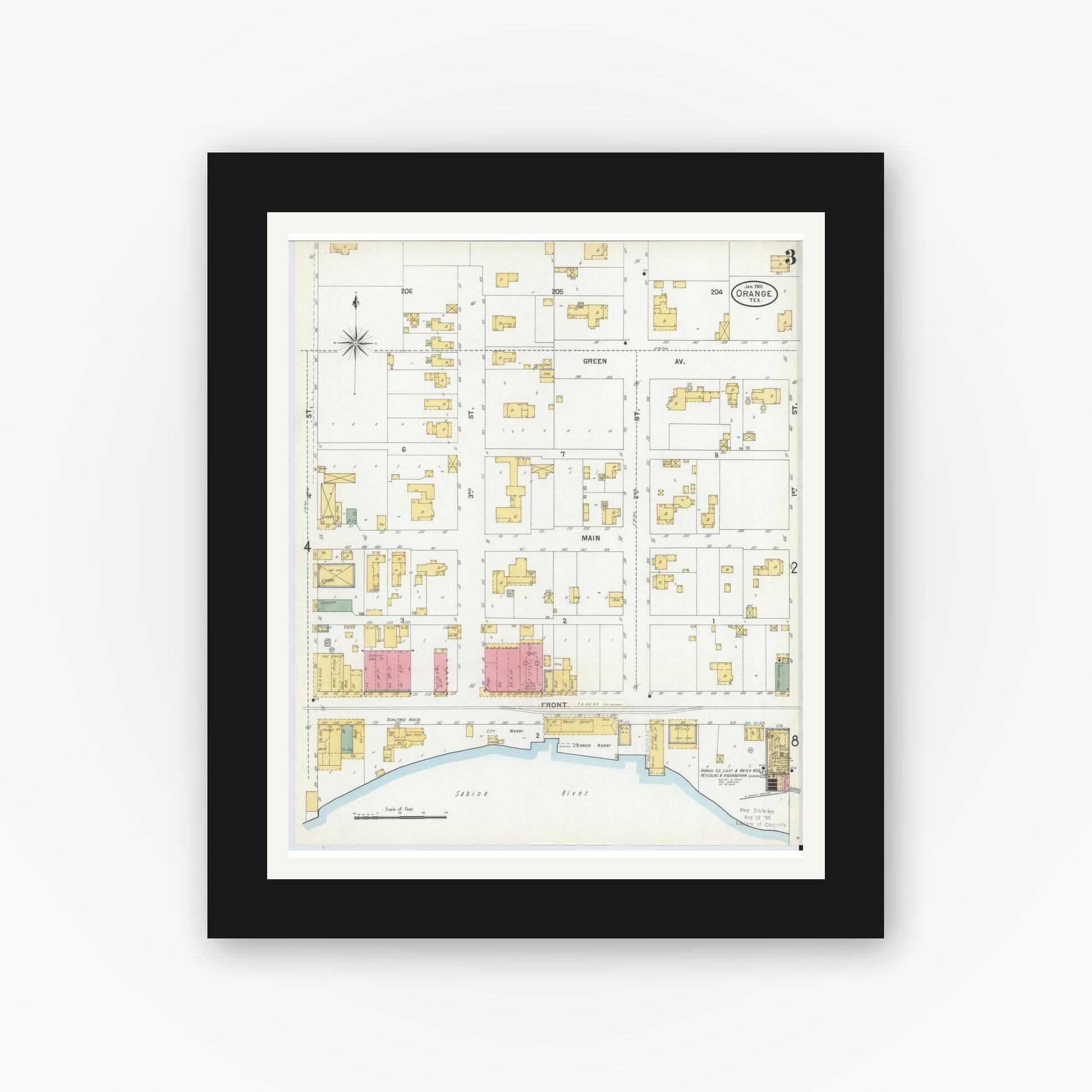 Old map wall art mockup — black gallery frame with white mat — Sanborn Fire Insurance Map from Orange, Orange County, Texas (1901), Sheet #0003