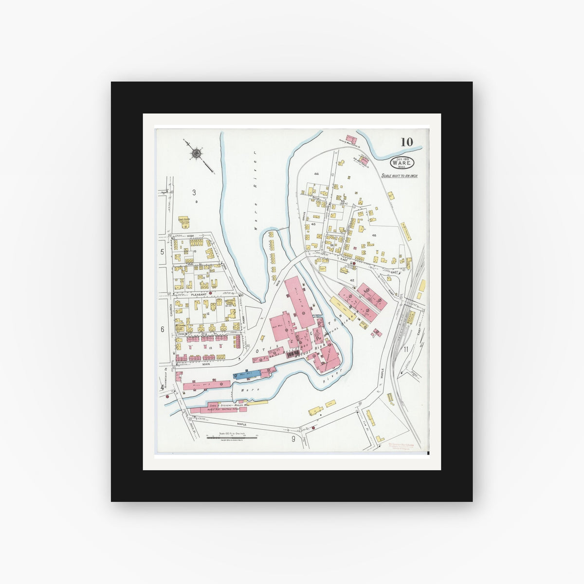 Old map wall art mockup — black gallery frame with white mat — Sanborn Fire Insurance Map from Ware, Hampshire County, Massachusetts (1919), Sheet #0010