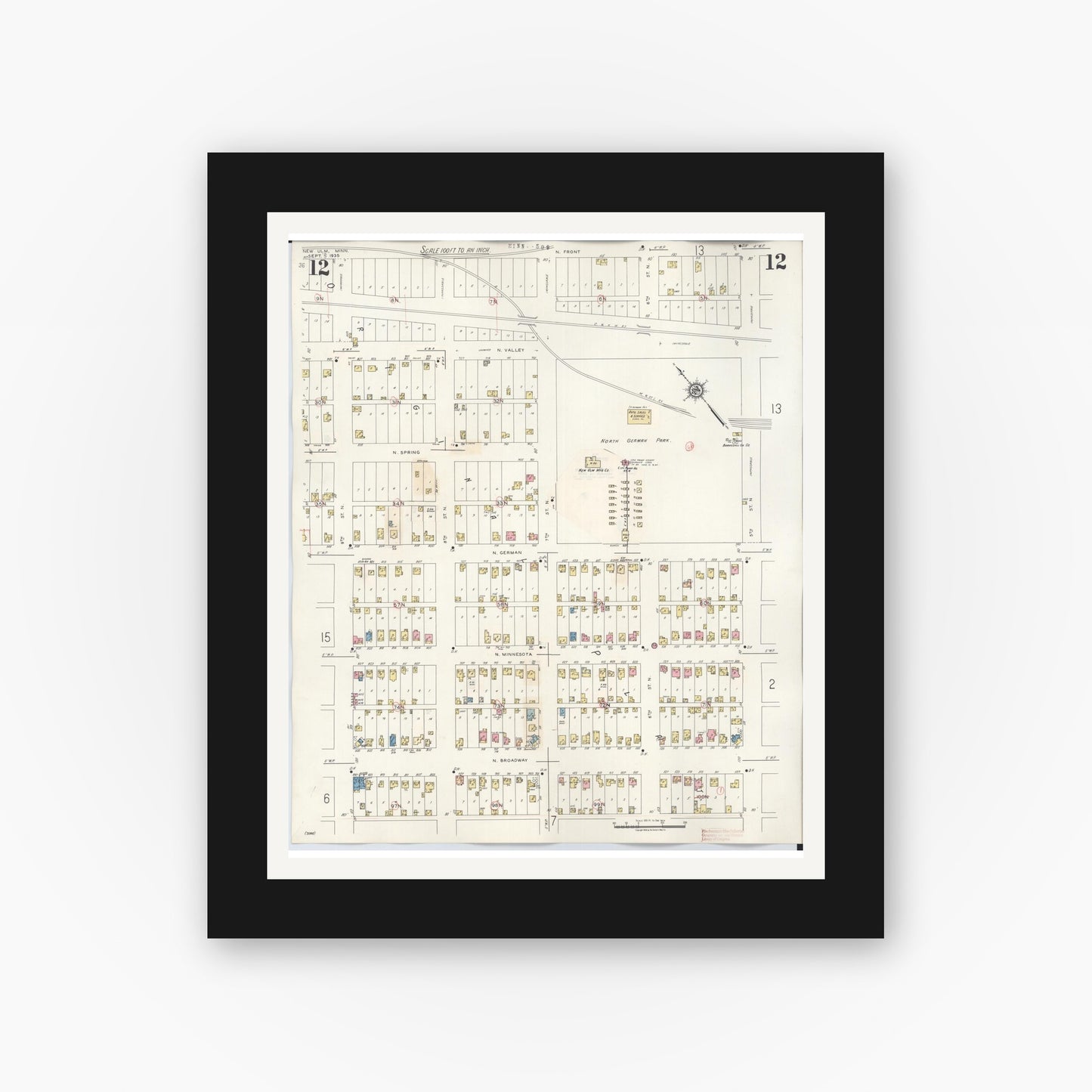 Old map wall art mockup — black gallery frame with white mat — Sanborn Fire Insurance Map from New Ulm, Brown County, Minnesota (1946), Sheet #0012